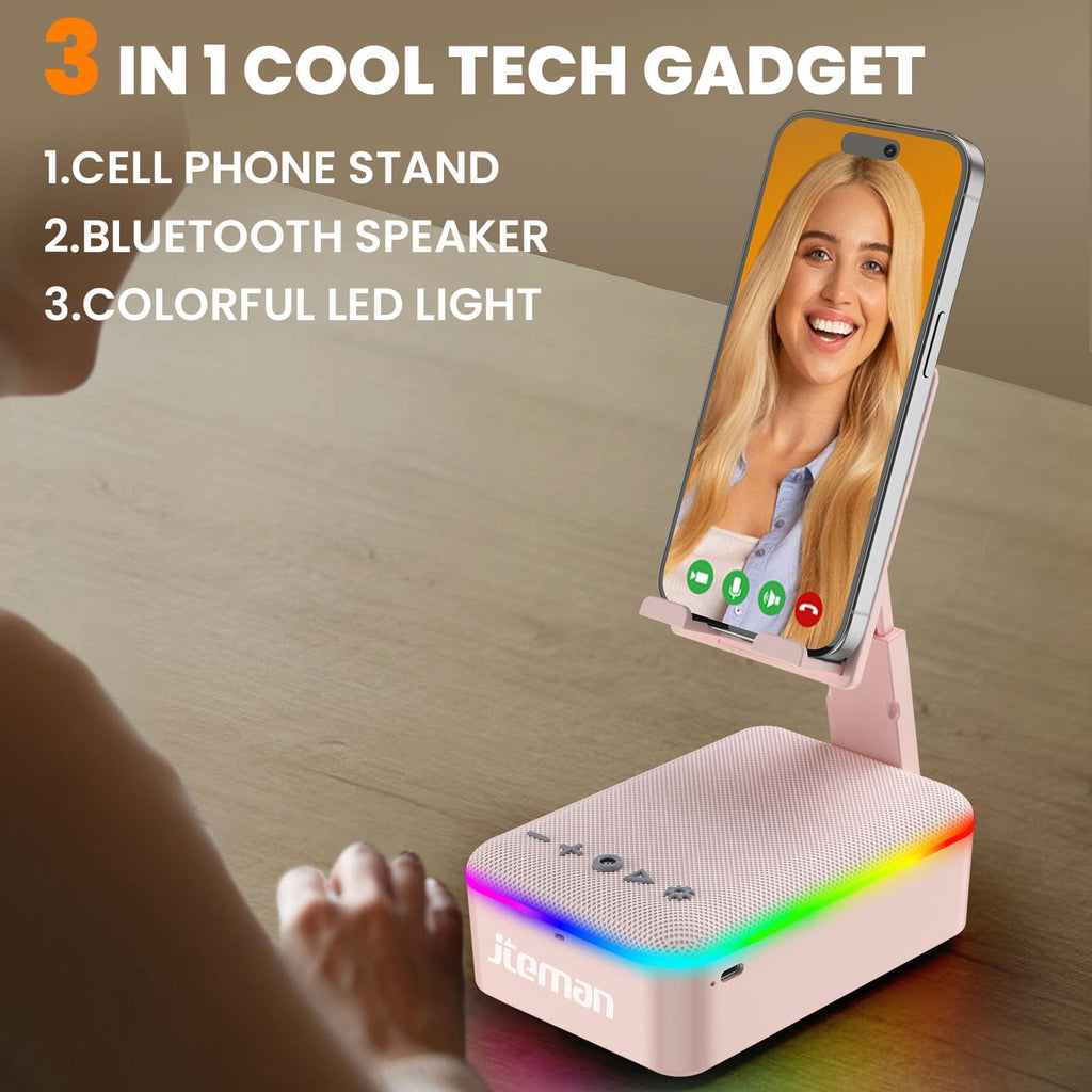 JTEMAN Gifts for Men Women,Cell Phone Stand with Bluetooth Speaker,LED Light,and Lanyard,Cool Tech Gadgets,Unique Birthday Gifts for Men Husband Mom Dad
