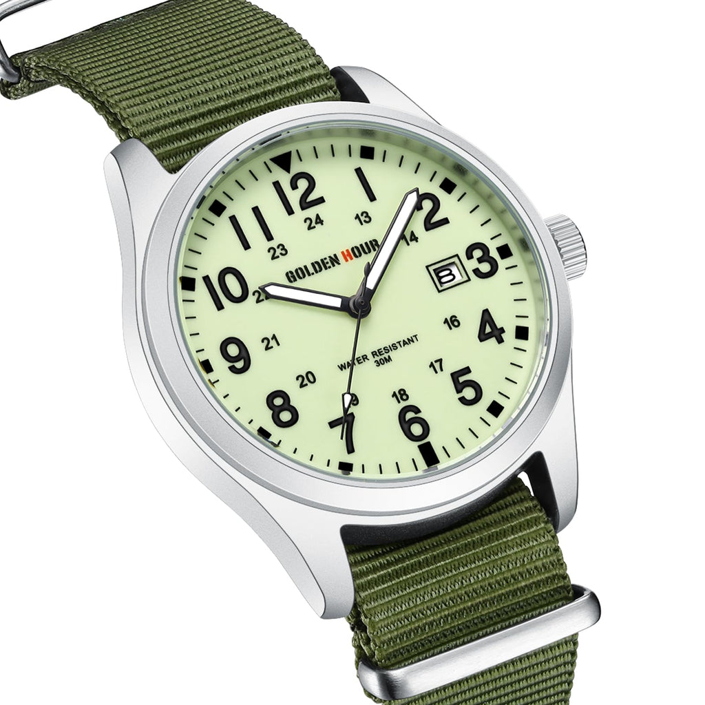 GOLDEN HOUR Men's Nylon Slip-Thru Strap Watch with Military Time Easy Read Dial Glowing Hands