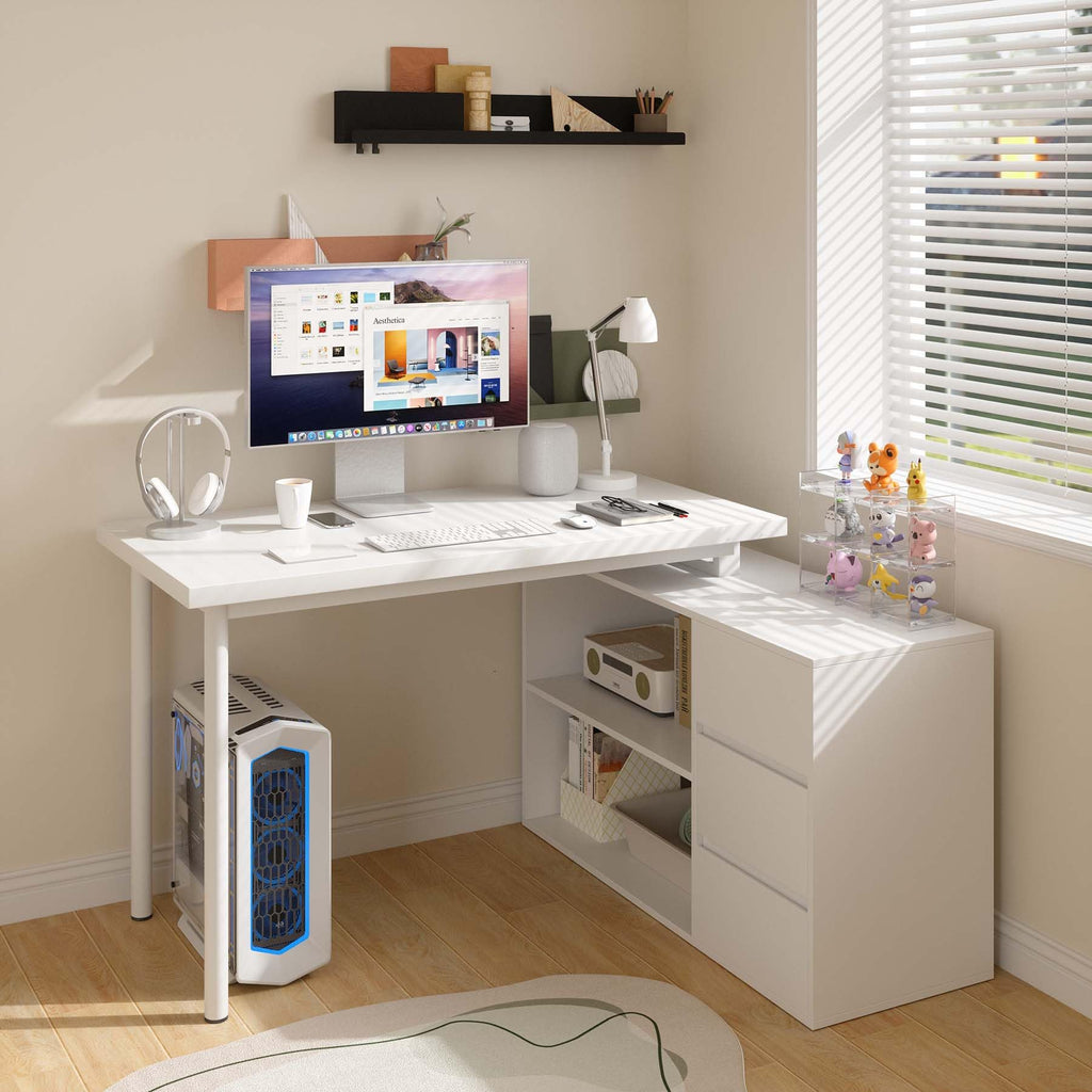 Bobve L Shaped Computer Desk, 47 Inch Home Office Desk with File Drawers & Storage Shelves, Small Corner Computer Desk for Small Space (Black + White)