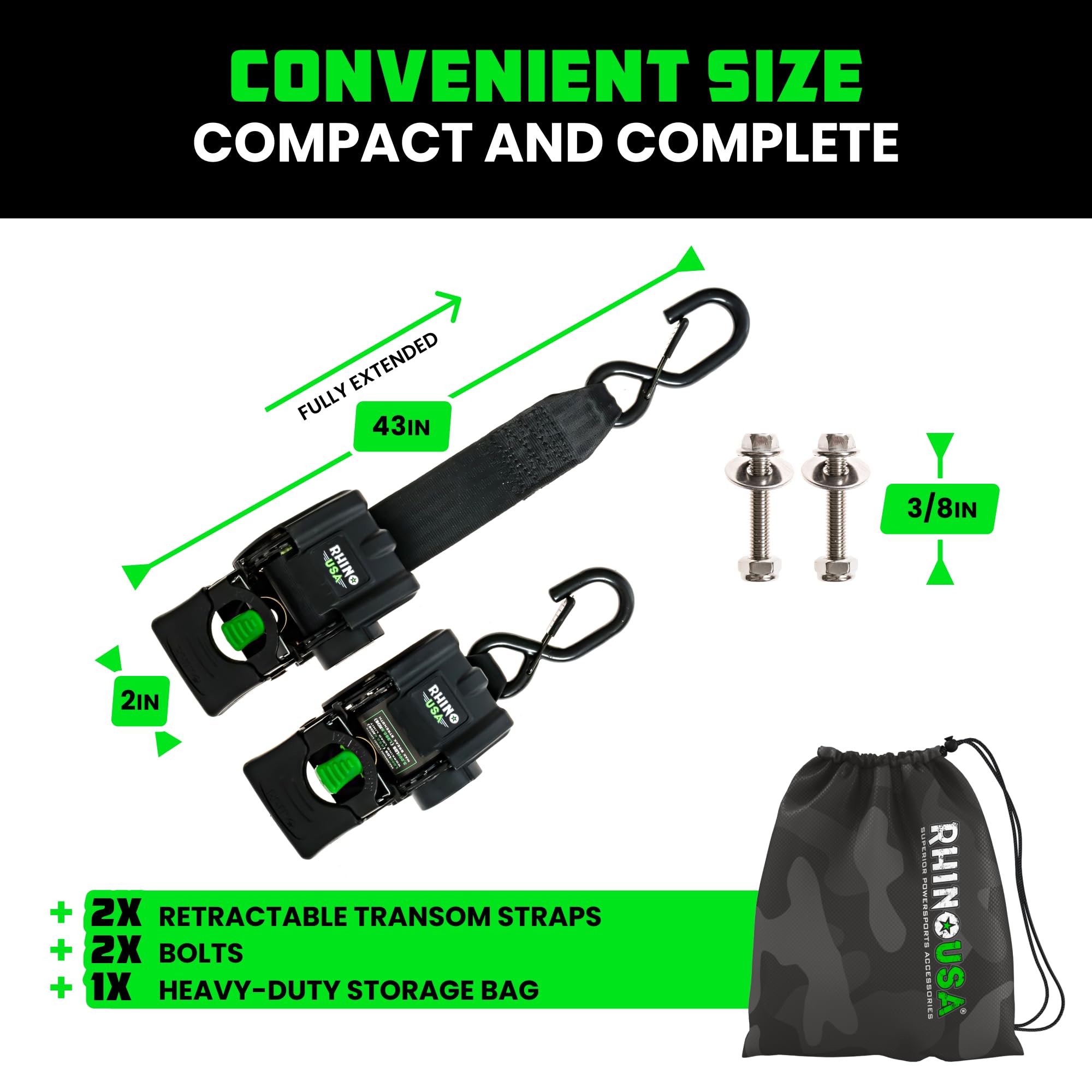 Rhino USA Boat Trailer Straps (2-Pack) - Heavy Duty 2 Inch x 48 Inch Boat Tie Down Straps to Trailer - Ultimate Adjustable Transom Tie Down Straps for Trailering Safety with Boat, Jet Ski, & More!