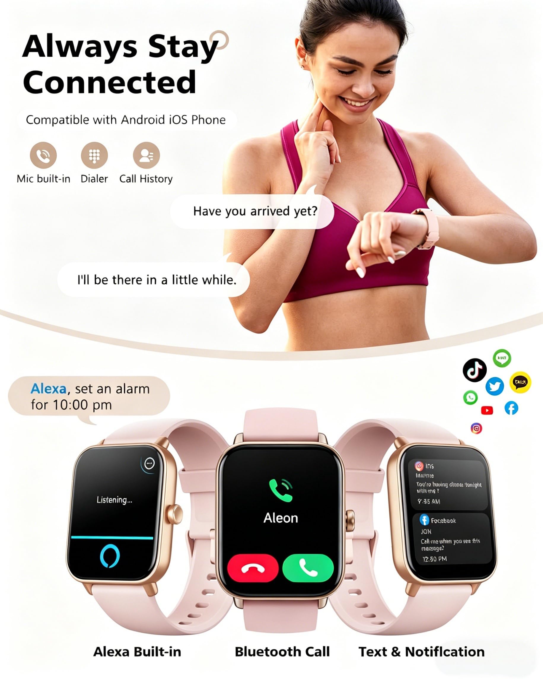 Quican Smart Watches for Women, Compatible for iPhone and Android Phones, Calling, Heart Rate/Sleep Monitor, Alexa, 1.8" Fitness Tracker Watch, Waterproof, Gifts for Women, Silicone Band, Baby Pink
