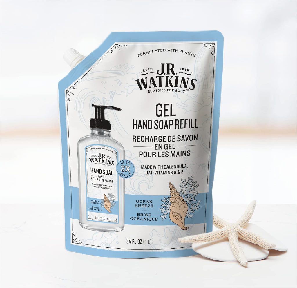 J.R. Watkins Gel Hand Soap Refill, Moisturizing Hand Wash, Formulated with Plant-Based Cleansers, Alcohol-Free, Cruelty-Free, Aloe & Green Tea, 34 Fl Oz, 2 Pack