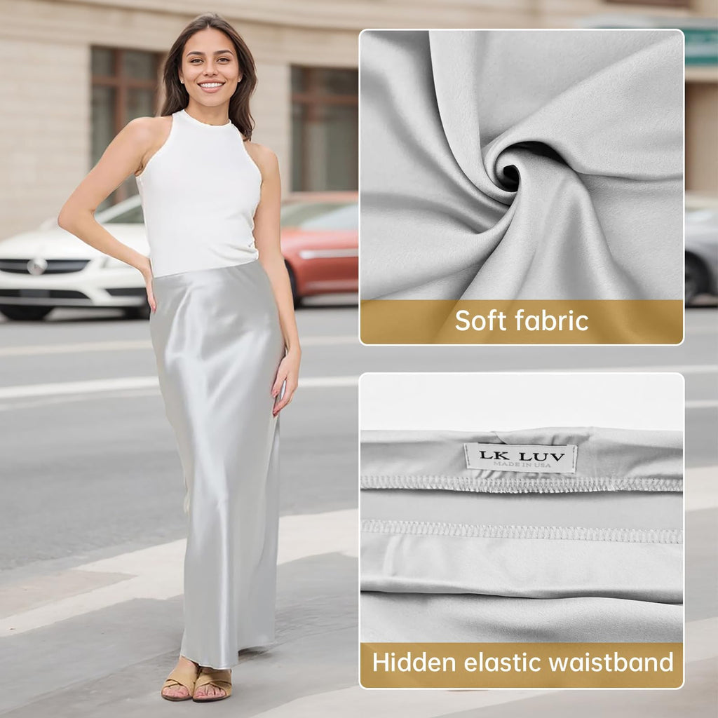 Women's Solid Satin High Waist Midi Long Skirt Hidden Elastic Waistband Skirt for Women-Made in USA