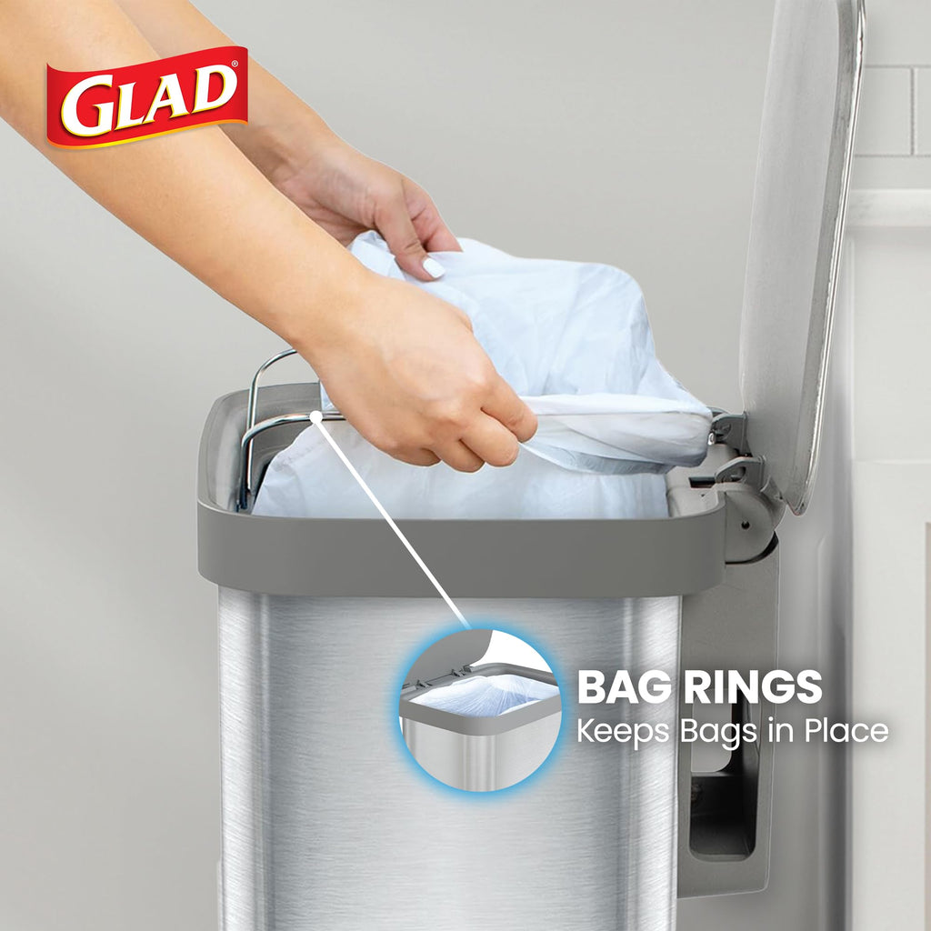 Glad 13 Gallon All Brushed Stainless Steel Trash Can with Clorox Odor Protection | Large Metal Kitchen Garbage Bin with Soft Close Lid, Garbage Bag Rings, Step On Foot Pedal and Waste Bag Roll Holder