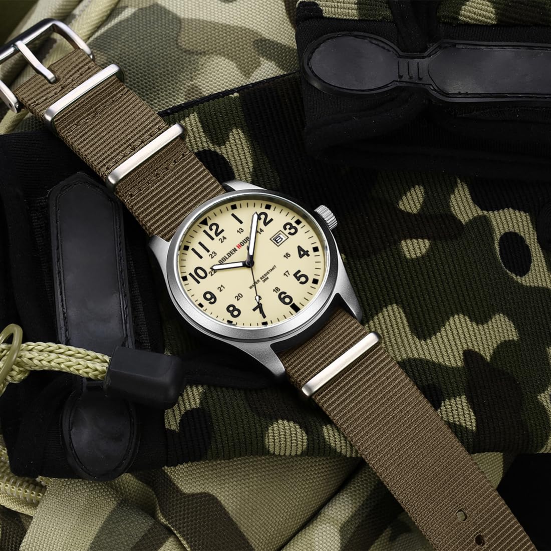 GOLDEN HOUR Men's Nylon Slip-Thru Strap Watch with Military Time Easy Read Dial Glowing Hands