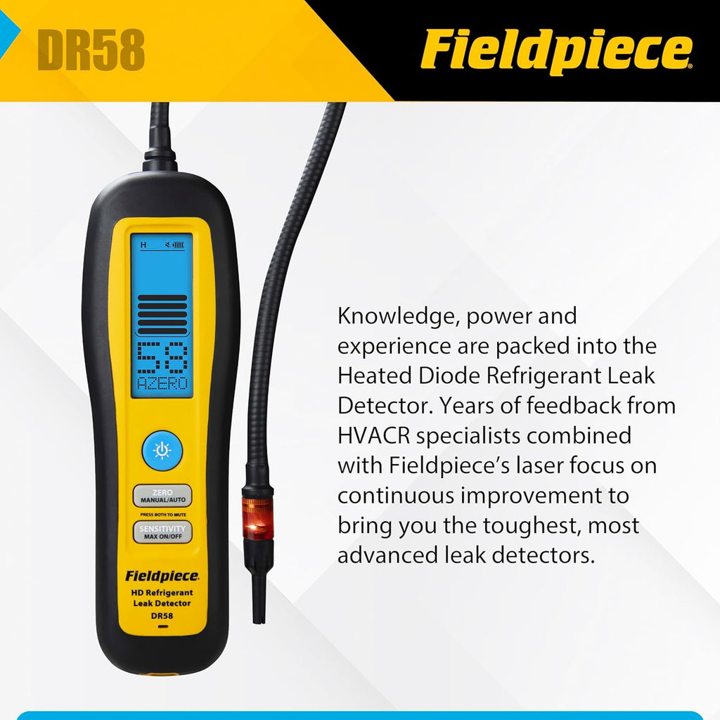 Fieldpiece - DR58 Heated Diode Refrigerant Leak Detector - Ultra-Sensitive Leak Sniffer with Large, Backlite LCD Screen - Lightweight HVAC Tool