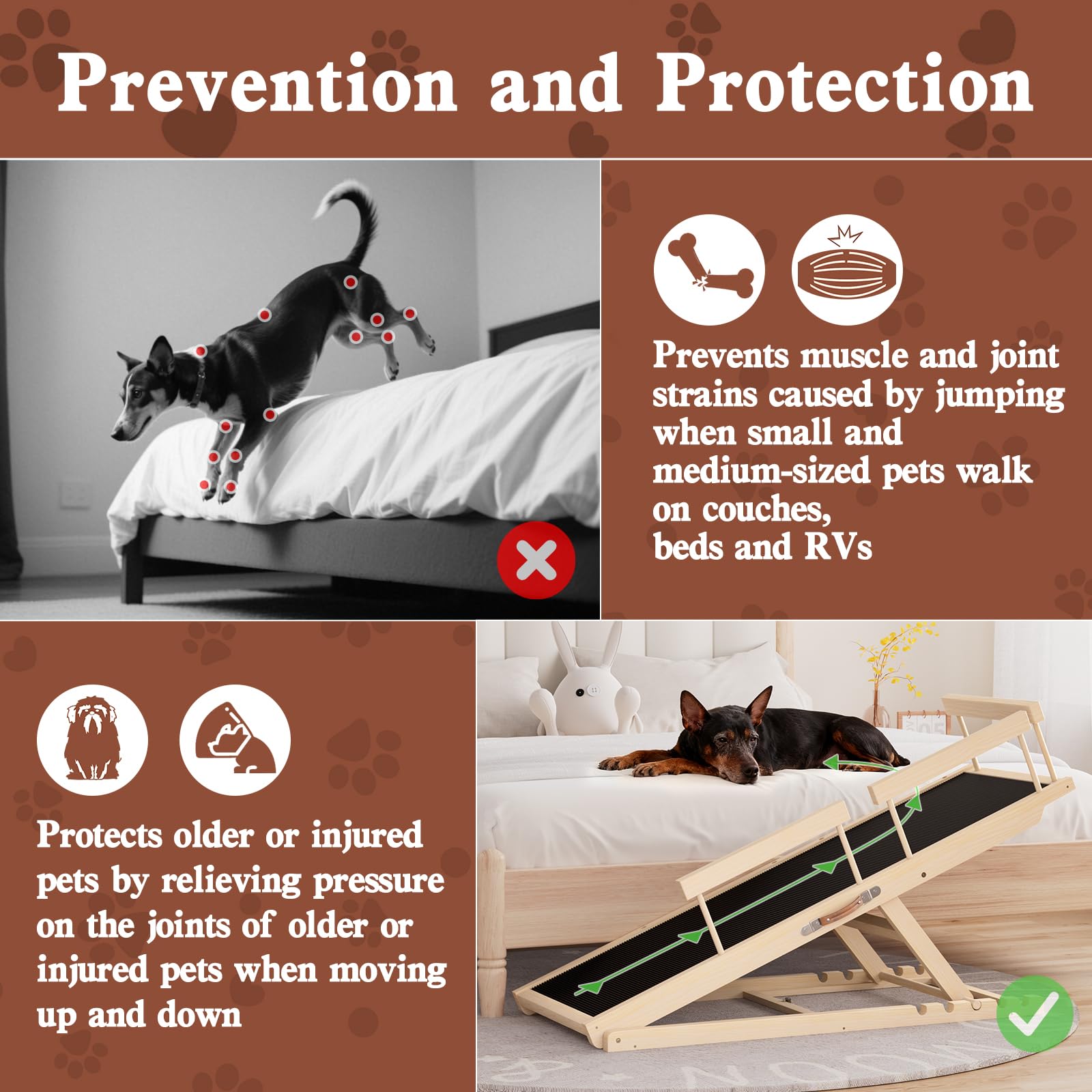 Dog Ramp for Couch, Wooden Pet Ramps 39.37" Long Adjustable 12"-20.47" Folding Puppy Ramps with Anti-Slip Rubber Mat, Dog Stairs for Small & Medium Older Dogs & Cats, up to 100lbs