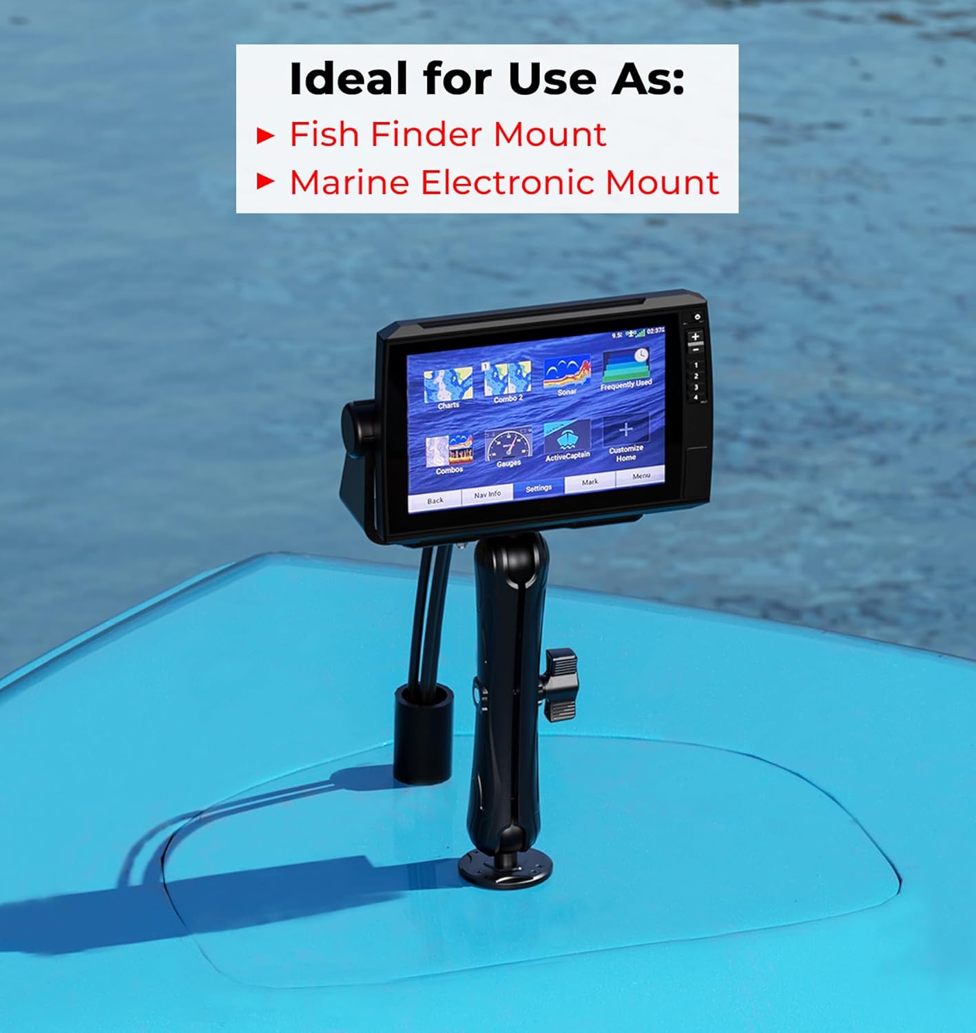 VAZESWIN Aluminum Alloy Fish Finder Mount with C Size 1.5" Ball Rectangular Plate & Round Base, 9.1" Long Arm Marine Electronic Mount Compatible with Garmin, Lowrance, Humminbird, Raymarine and More