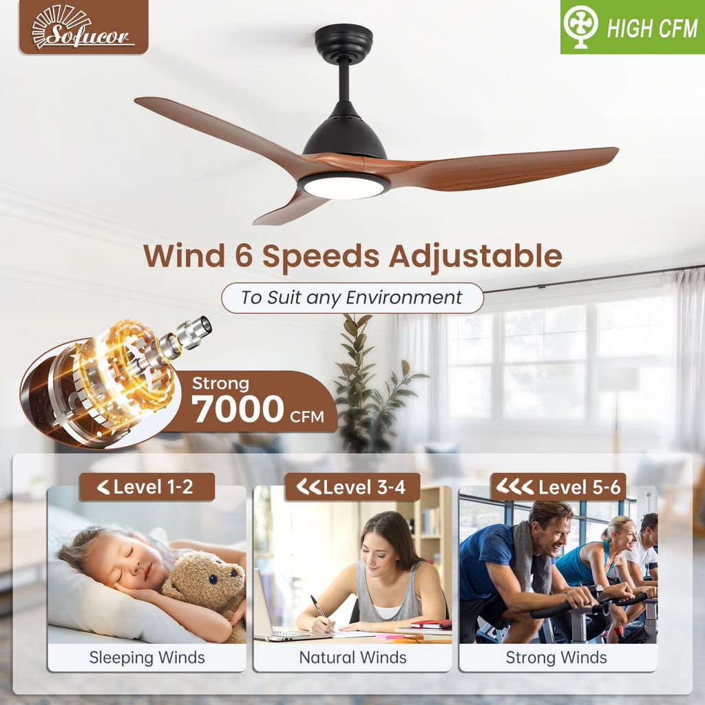Sofucor 52 Inch Outdoor Ceiling Fans with Lights, Modern Ceiling Fan with 3 Plastic Blade, Quiet, Dimmable, High 7000CFM 6-Speed 3-Timer Reversible DC Motor, for Bedroom Living Room, ETL, Black