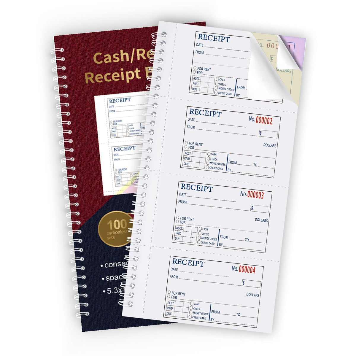 Large Money and Rent Receipt Book with Cardboard Insert,2-Part Carbonless,7.9”x11.2” Spiral Bound,200 Sets per Book,4 Receipts per Page for Office Supplier,Rent and Cash Transaction