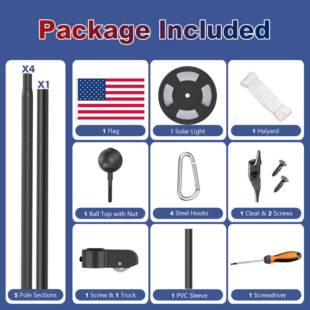 Upgraded 10 Gauge 20FT Heavy Duty Flag Pole Kit with 136 LED Solar Light, Extra Thick Flagpole for Outside House in Ground, Bottom 3 mm Thick & Width 3.35 in, 120MPH Wind Rated