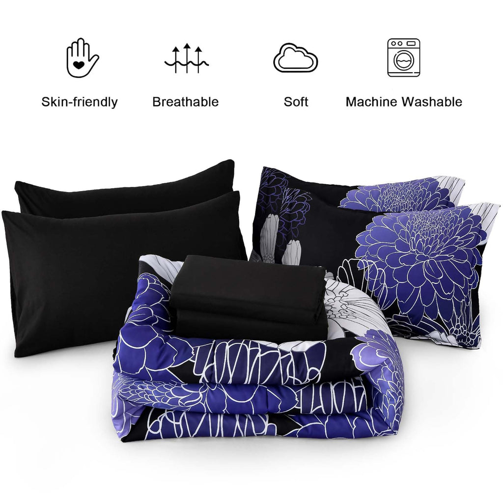 Yiran 7 Pieces Bed in a Bag Blue Floral Comforter Set Queen Size Flowers Comforter Set Soft Microfiber Bedding Set (1 Comforter 1 Flat Sheet 1 Fitted Sheet 2 Pillowshams 2 Pillowcases)