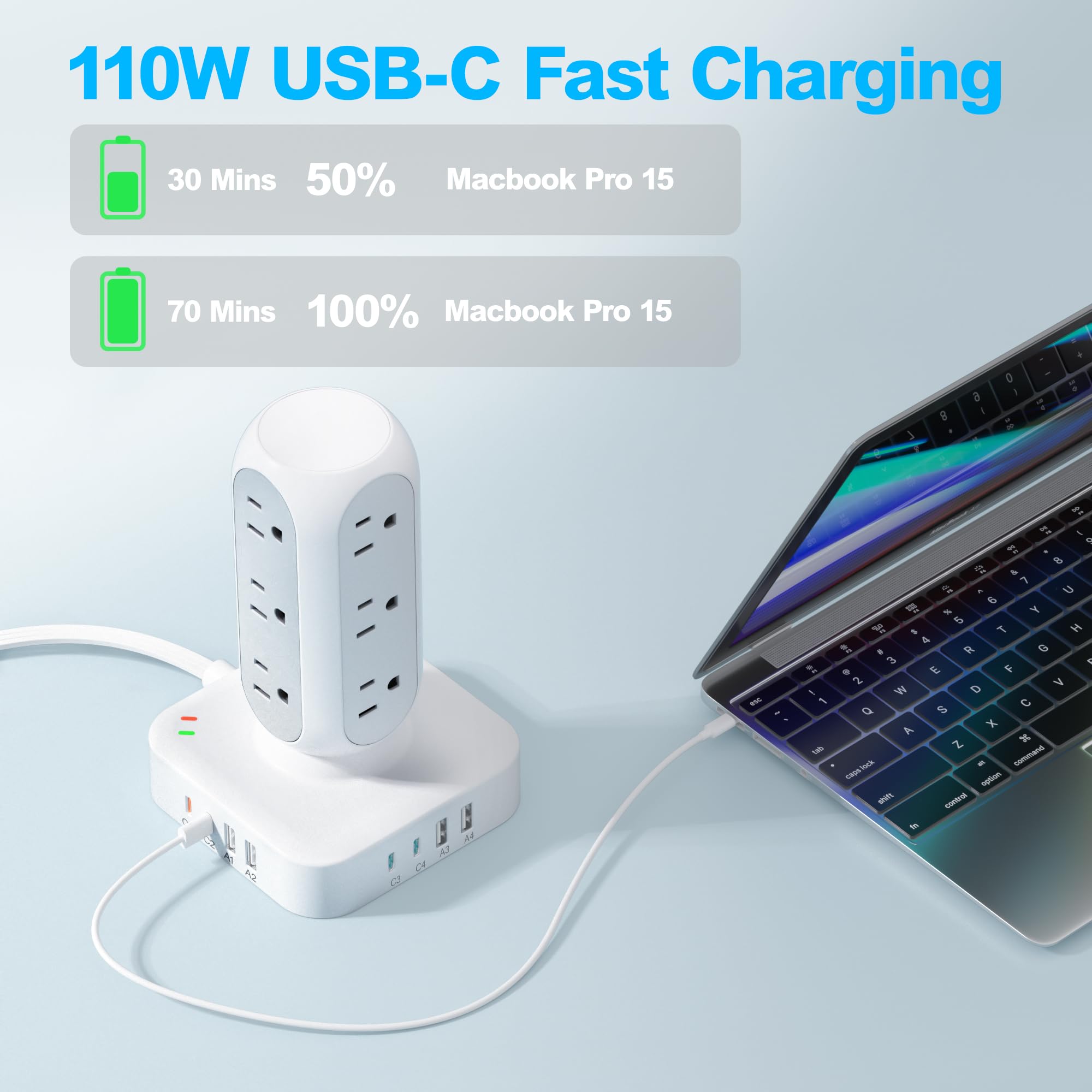 Flat Plug Power Strip Tower, TenTrend Dual PD 20W USB-C Charger Tower with 12 AC Outlets & 8 USB Ports (4 USB C), 40W Total Fast Charging Station, 10FT Extension Cord for Desk Office Dorm Room