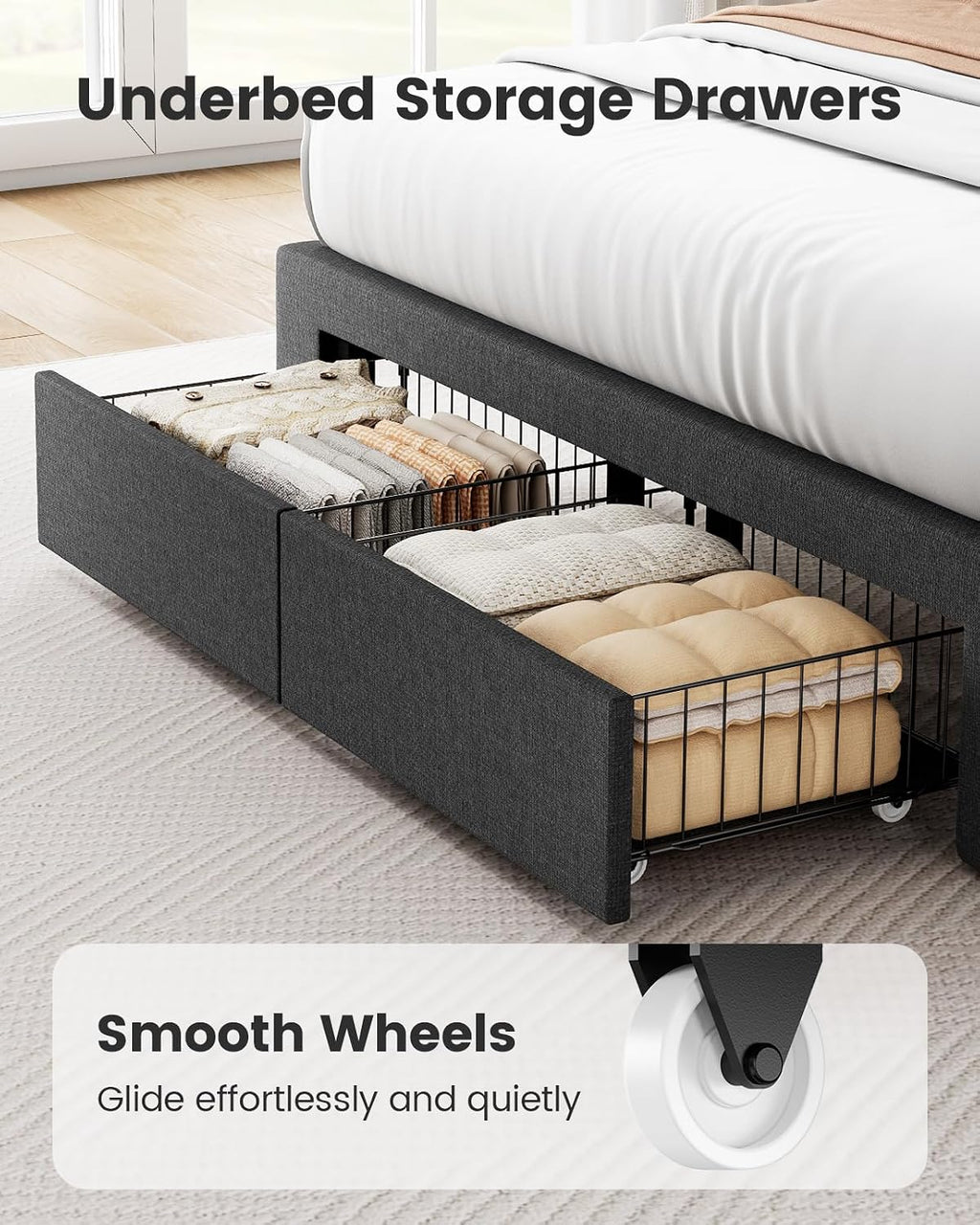 Pipishell Queen Bed Frame with 2 Storage Drawers, 12 Sturdy Legs, Solid Wooden Bed Base with Upholstered Headboard for 6″ to 12″ Mattresses, 1300 lbs High Weight Capacity, Easy Assembly, Dark Gray