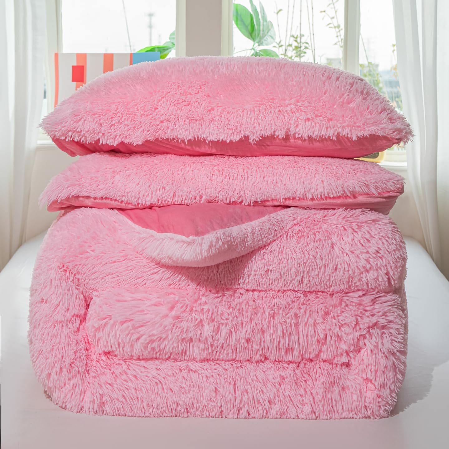 Faux Fur Kids Girls Purple Rainbow Comforter Sets Twin/Full - 3PC Bed Set Warm Comfortable Soft Plush Flannel Velvet Fluffy Fuzzy Bedding（Comforter x 1 Pillowcases x 2）