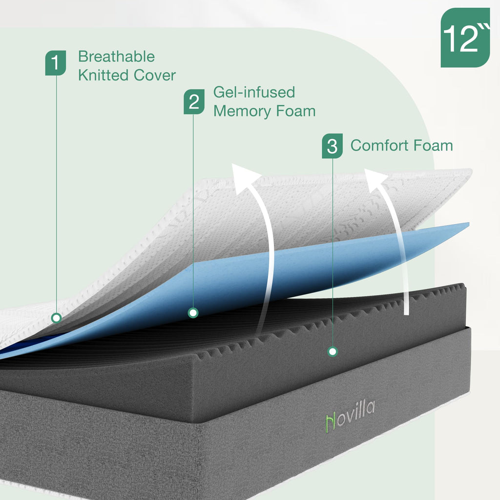 Novilla 12 Inch Queen Size Mattress in a Box with Advanced Cooling Gel Memory Foam Bed with Charcoal Support Layer, Medium-Firm Pressure Relief & Motion Isolation for Balanced Support
