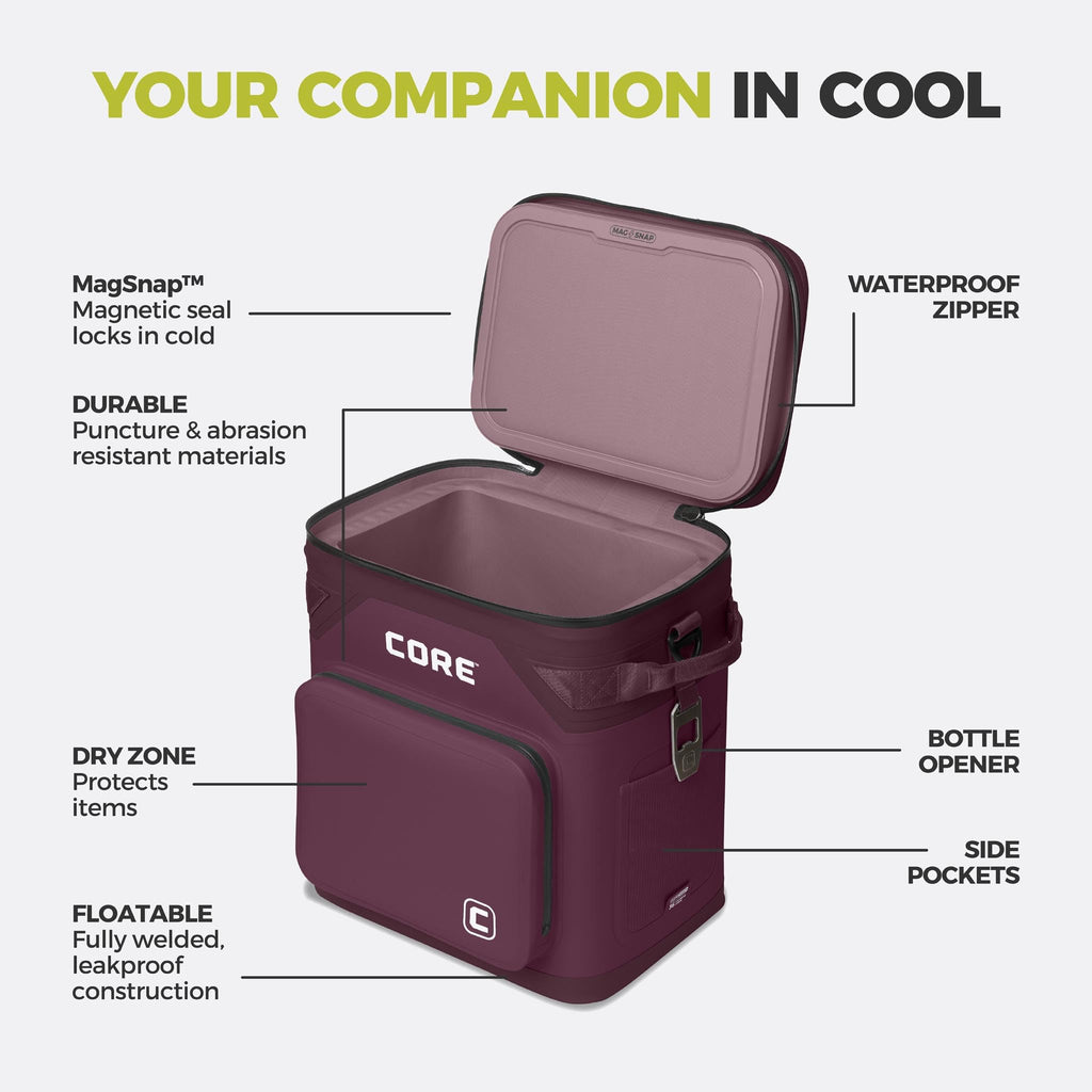 CORE Magnetic Leak Proof Soft Cooler with Waterproof Zipper | Insulated Bag Portable Ice Chest Box | Best Soft Cooler for Food & Beverages for Tailgating, Car Camping, Travel, and Family Beach Picnics