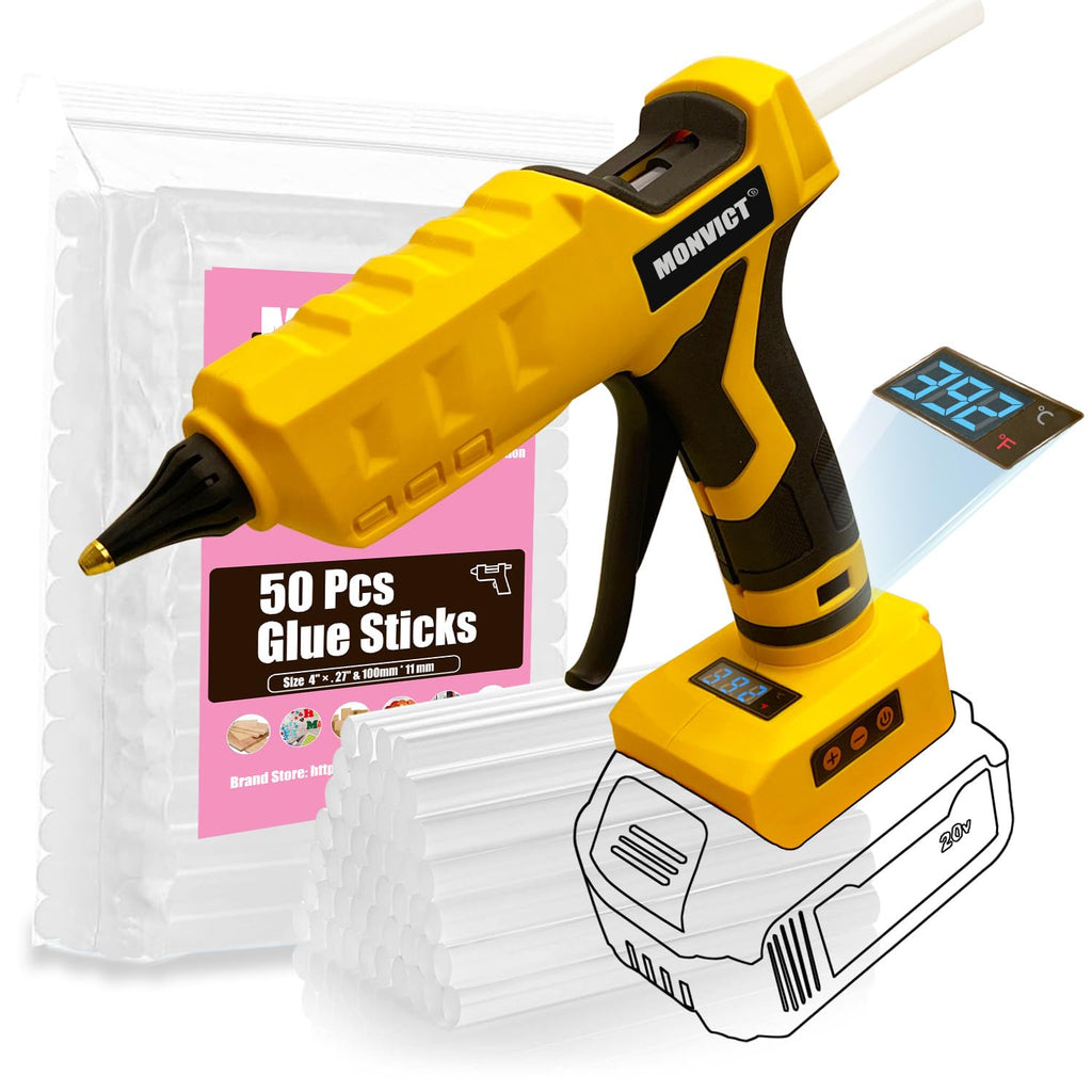 MONVICT Cordless Glue Gun for Dewalt 20V Battery, Upgraded 100W Digital Temperature Adjustable Handheld Electric Power Full Size Heavy Duty Hot Glue Gun with 10 Glue Sticks (Battery Not Included)