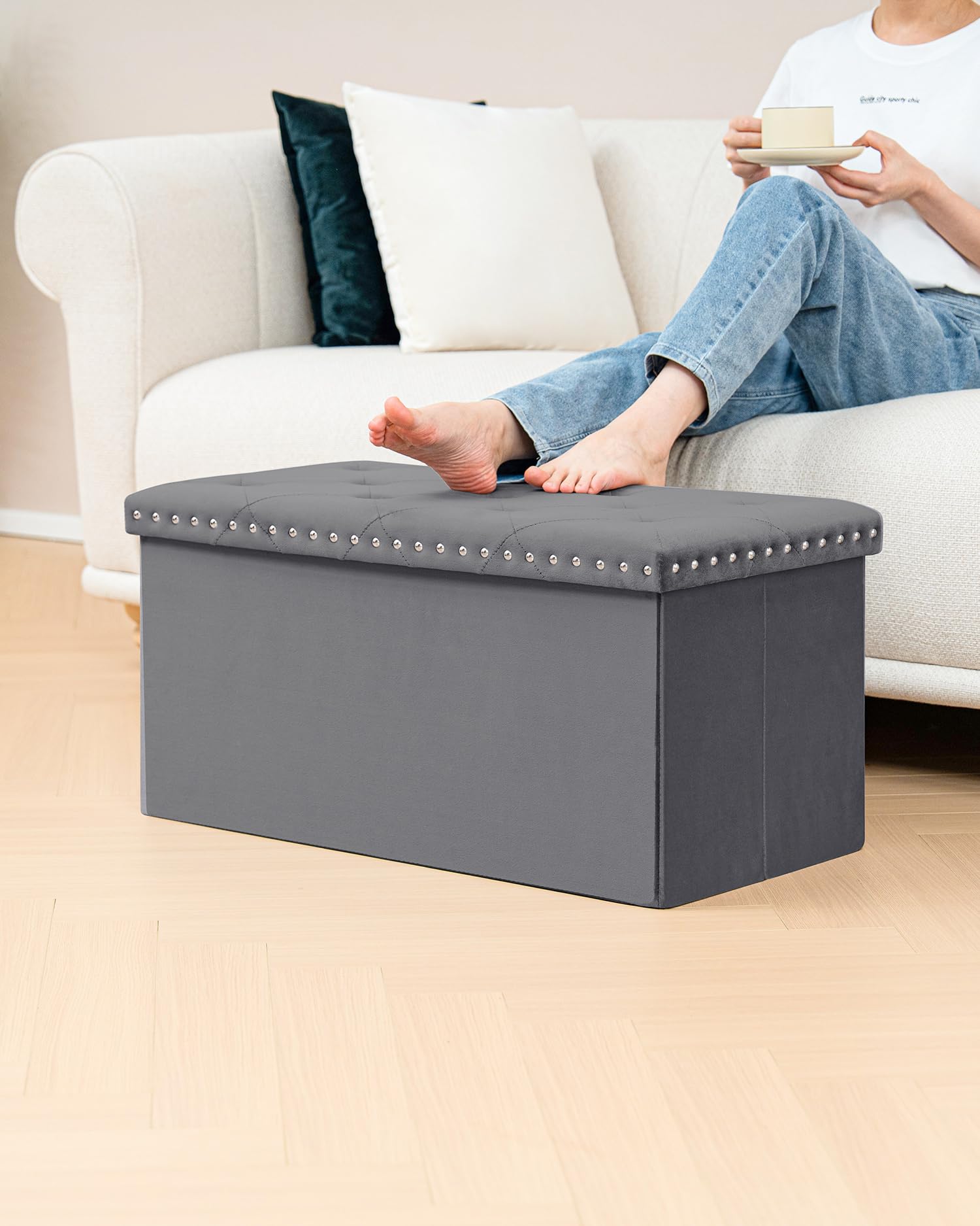 B FSOBEIIALEO Storage-Ottoman Cube-Folding Tufted - Ottomans with Storage, Coffee Table Top Cover, Storage Boxes Footrest Stool for Bedroom, Luxury Velvet Fabric 15.7 Inches Black