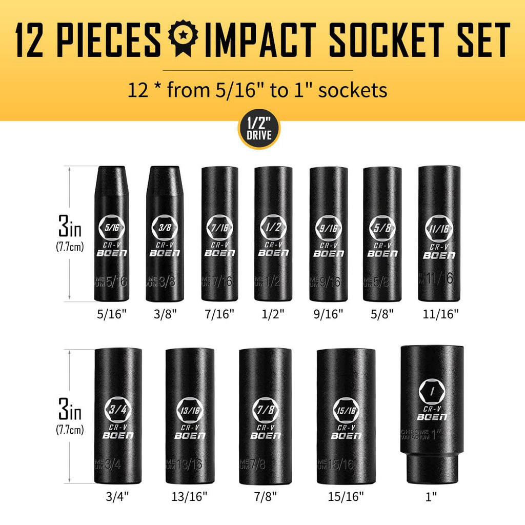 BOEN 1/2" Drive Deep Impact Socket Set, 11 Pieces Socket Set Metric 10-24mm, 6 Point Design, Cr-V Steel, Laser Marking, Durable Storage Case, Meets ANSI Standards