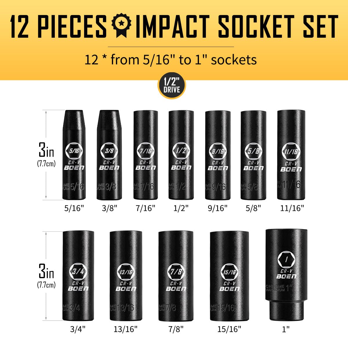 BOEN 1/2" Drive Deep Impact Socket Set, 11 Pieces Socket Set Metric 10-24mm, 6 Point Design, Cr-V Steel, Laser Marking, Durable Storage Case, Meets ANSI Standards