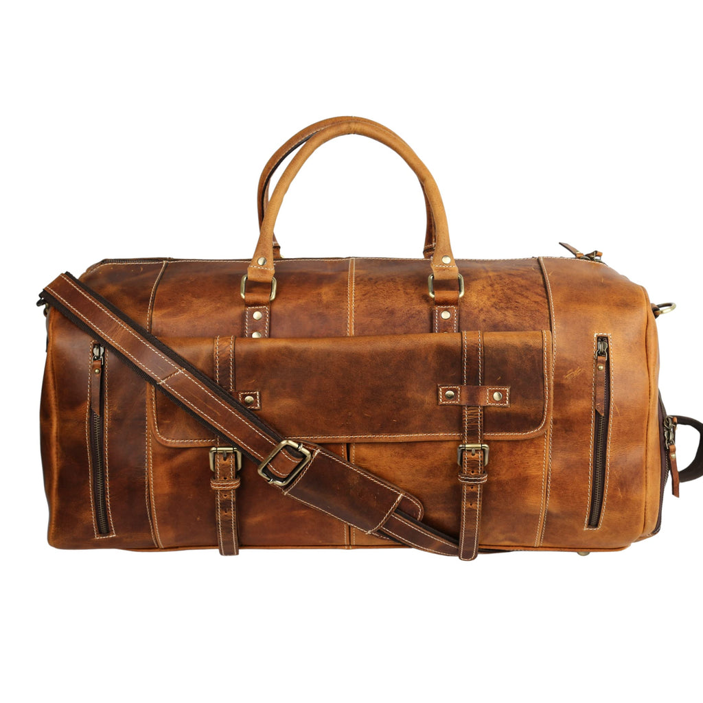 KomalC Leather Duffle Bags for Men and Women Travel Overnight Weekend sports bag holdall Gym Duffel for Men (Dark Tan, 20 Inch)