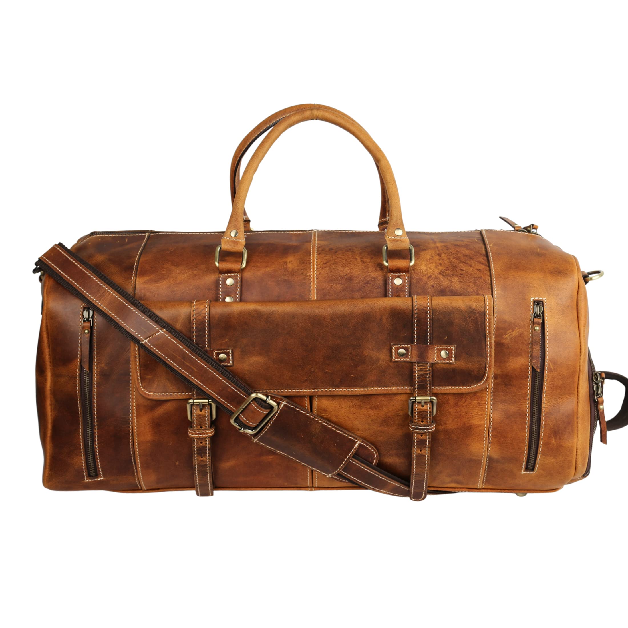 KomalC Leather Duffle Bags for Men and Women Travel Overnight Weekend sports bag holdall Gym Duffel for Men (Dark Tan, 20 Inch)