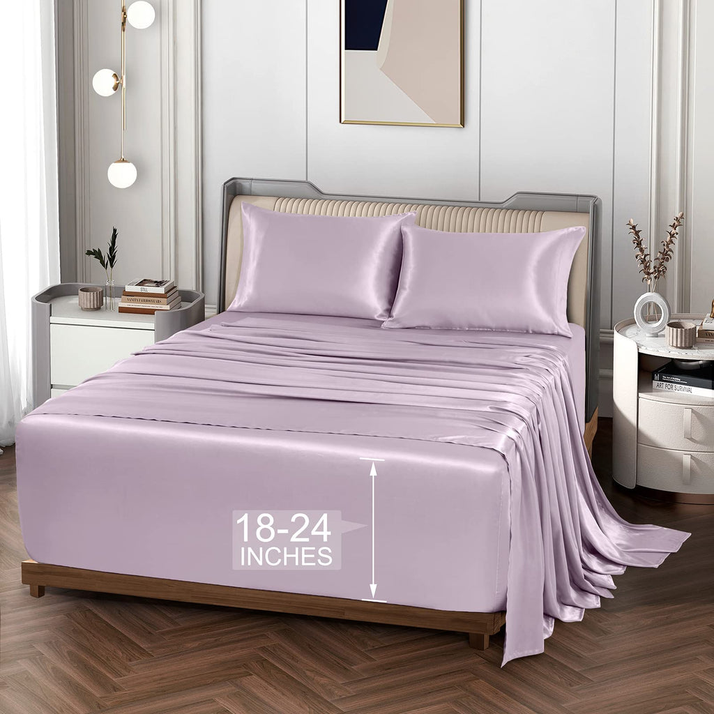 Vonty Extra Deep Pocket Full Sheet Sets - Cooling & Silky Satin Full Size Sheets with 18-24 Inch Deep Pocket, Black Satin Bed Sheets Fit Up to 24" Deep Mattress - 4 Piece Set