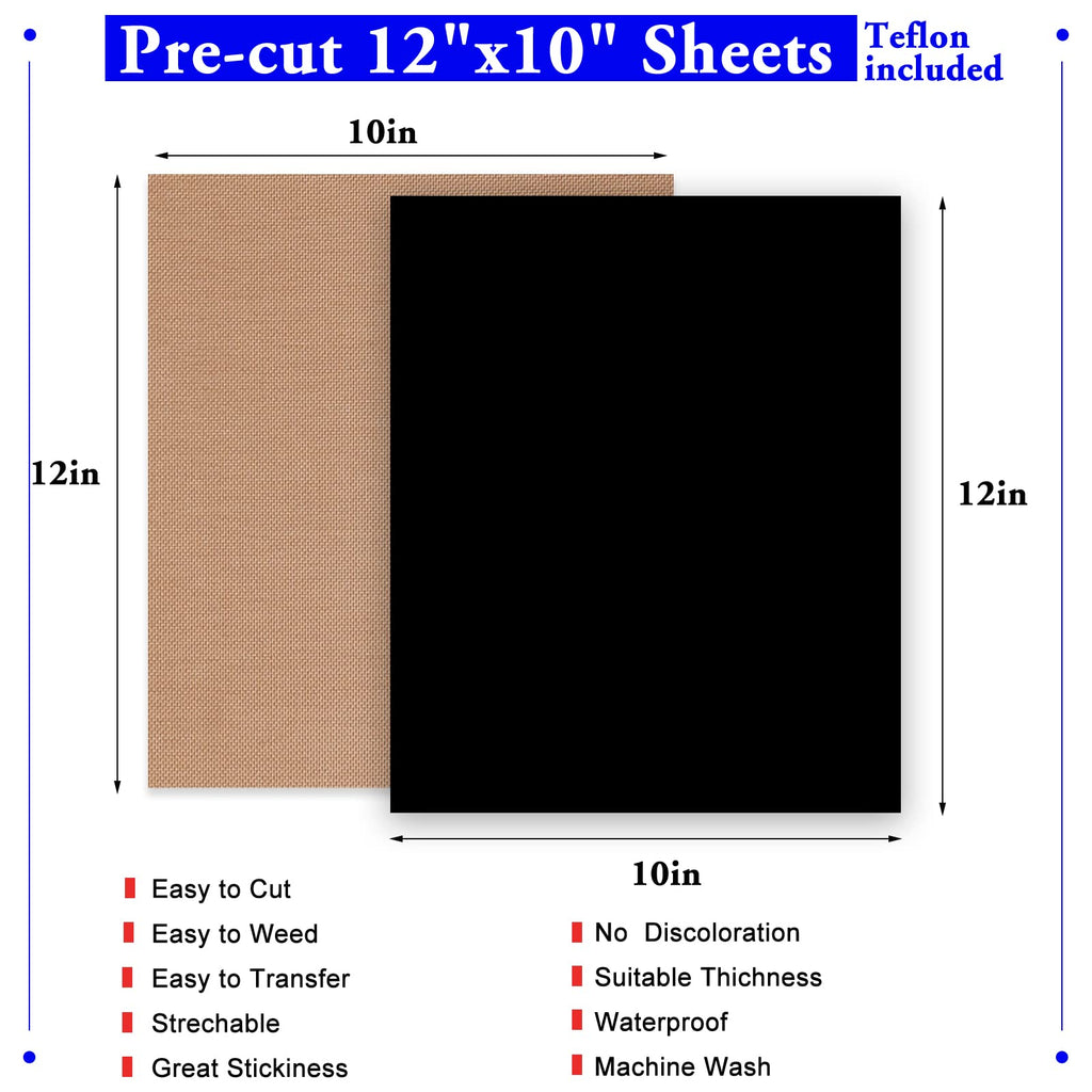 XSEINO HTV Black Heat Transfer Vinyl Sheets:13Pack 12" x 10" Black Iron on Vinyl for T-Shirt, for Cricut,Silhouette Cameo or Heat Press Machine(1 Sheet Teflon Included)