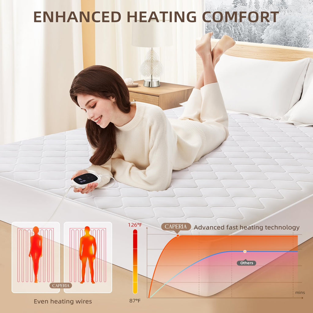 Caperia Heated Mattress Pad Quilted Multizone electric mattress pad Individual Body and Feet Bed Warmer 9 Heat Settings, 1-12 Hours Auto Off, Deep Pocket, Fast Heating, Machine Washable Twin 39''x75''