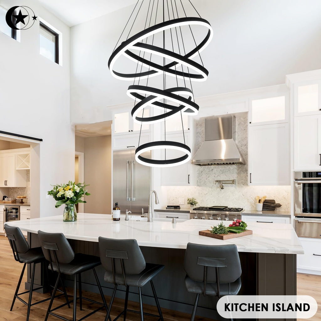 5-Rings Modern LED Chandelier Black Dimmable High Ceiling Chandelier for Dining Room with Remote Control for Foyer Living Room Entryway Staircase(D23.6’’, 3000K-6500K)