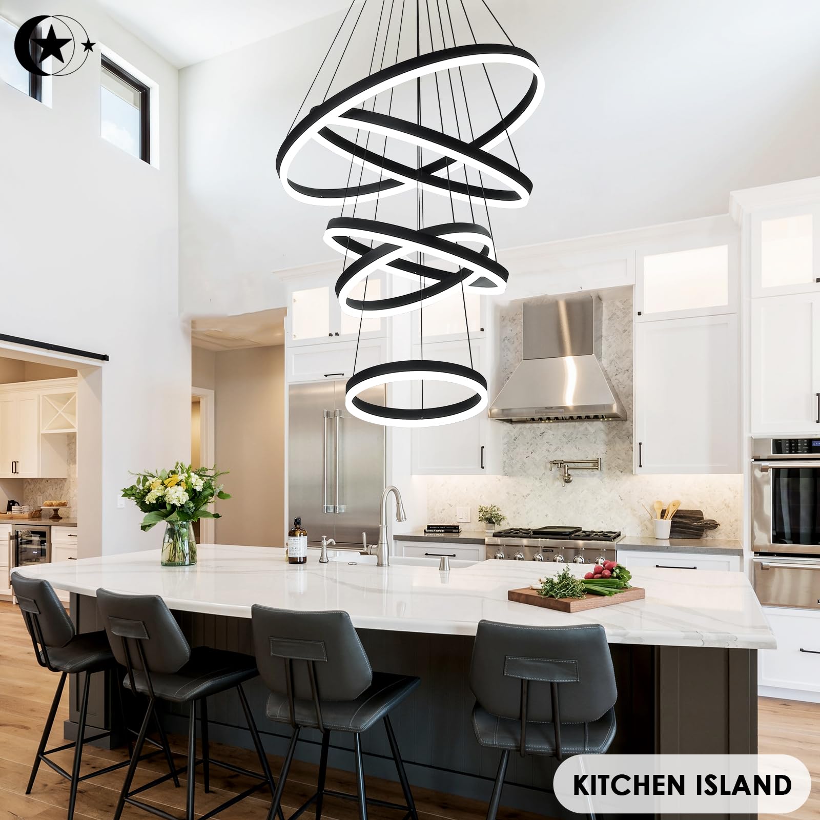 5-Rings Modern LED Chandelier Black Dimmable High Ceiling Chandelier for Dining Room with Remote Control for Foyer Living Room Entryway Staircase(D23.6’’, 3000K-6500K)