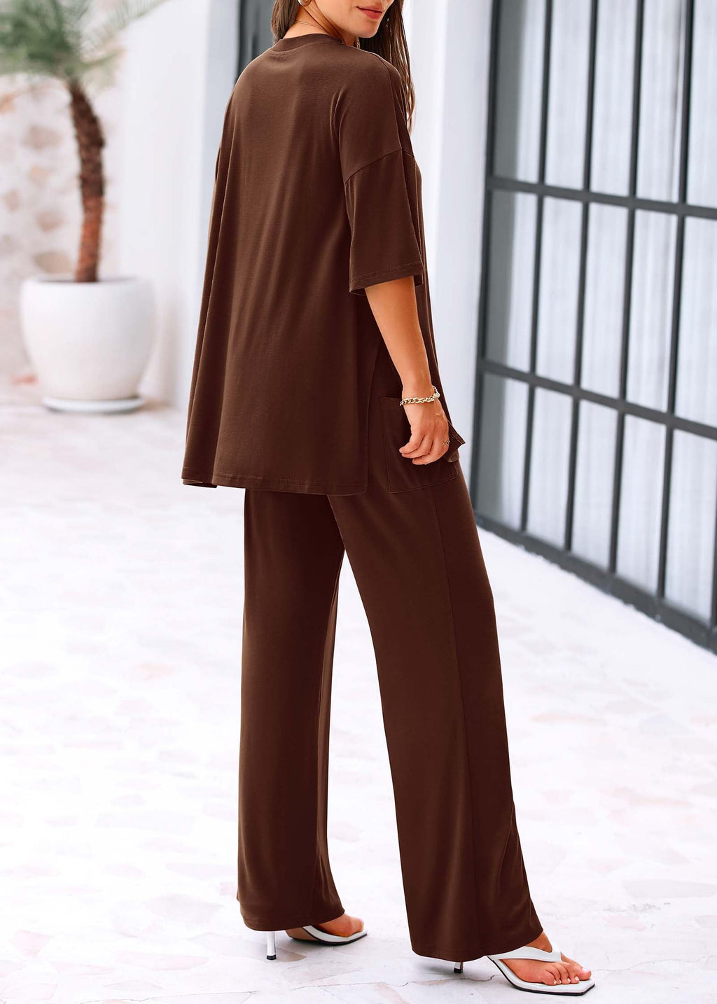 KIRUNDO 2 Piece Lounge Sets for Women Airport Travel Vacation Outfits Summer Casual Loose Short Sleeve Tops & Wide Leg Pants