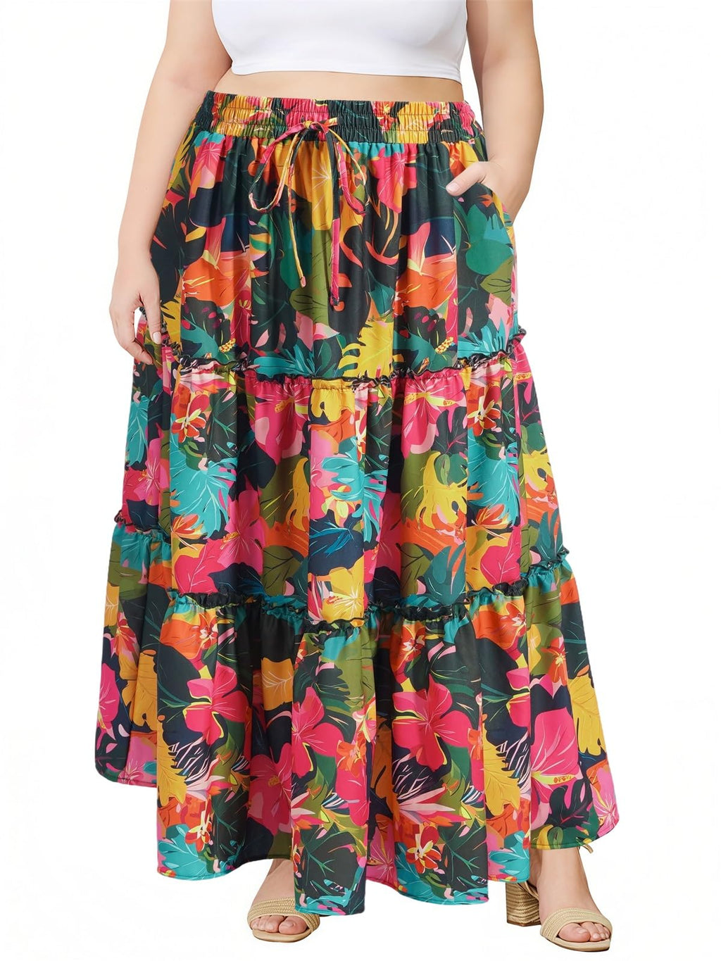 Moon Wood Plus Size Maxi Skirts for Women Trendy Long Flowy Boho Tiered Skirt Renaissance Summer Beach Skirt with Pockets