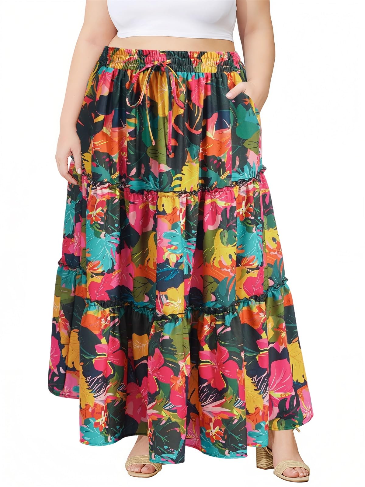 Moon Wood Plus Size Maxi Skirts for Women Trendy Long Flowy Boho Tiered Skirt Renaissance Summer Beach Skirt with Pockets