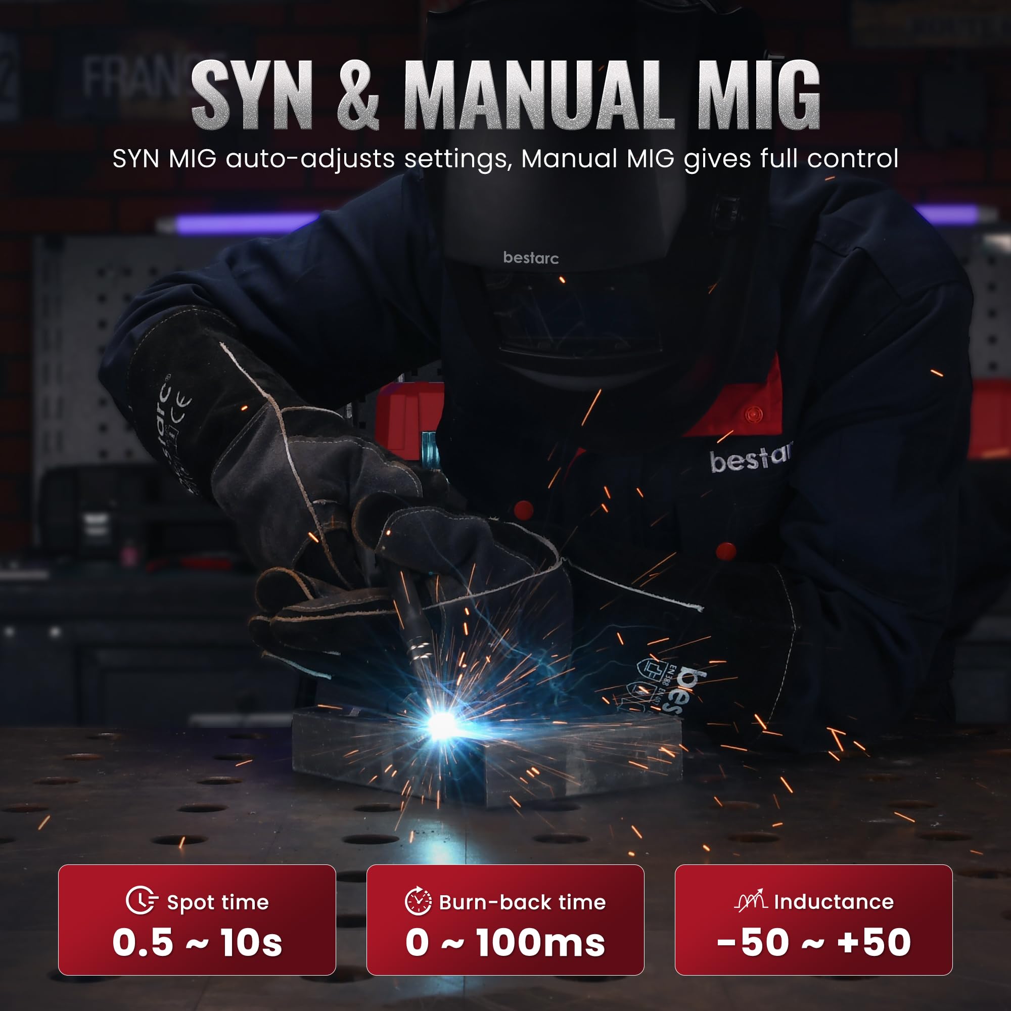 Bestarc 145A MIG Welder, 110V 220V 4 in 1 Gas/Flux Core MIG/Lift TIG/Stick Welder Machine, Large LED Display Welding Machine, IGBT Inverter Welder MIG145 Soild Gasless Synergy MIG Welder