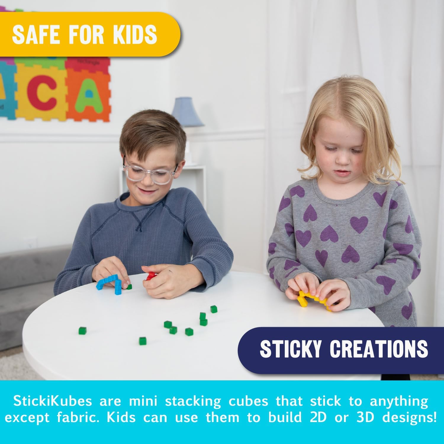 KOMARC GAMES StickiKubes - Mini STEM Building Blocks that Stick to Anything - 125 Non Toxic Sensory Stacking Cubes in 4 Colors