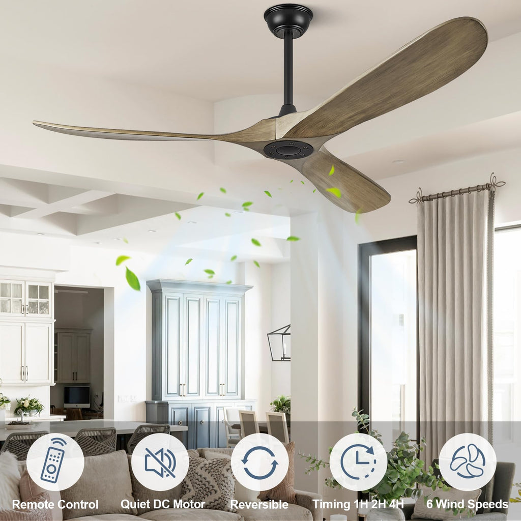 ABZ Ceiling Fans without Lights - 52 Inch Modern Ceiling Fans no Lights with Remote Control, Black 3 Blade Solid Wood Indoor Outdoor Ceiling Fans for Patios Living Room Bedroom