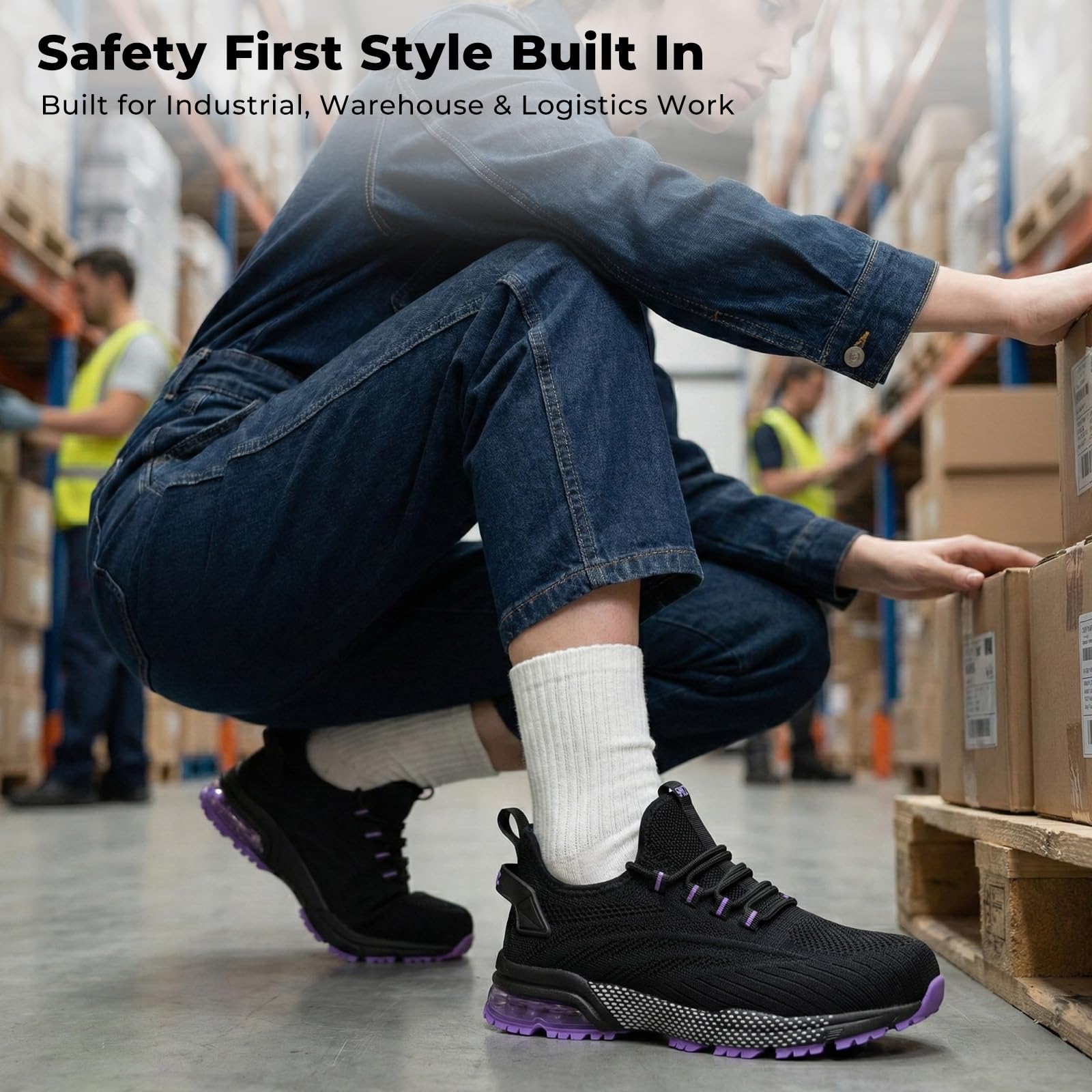 SPIEZ Safety Shoes for Women, Composite Toe Work Shoes with Air Cushioned Comfort, Lightweight Puncture Proof Safety Sneakers for Work and Daily Wear, Black Pink/Purple US4.5–10