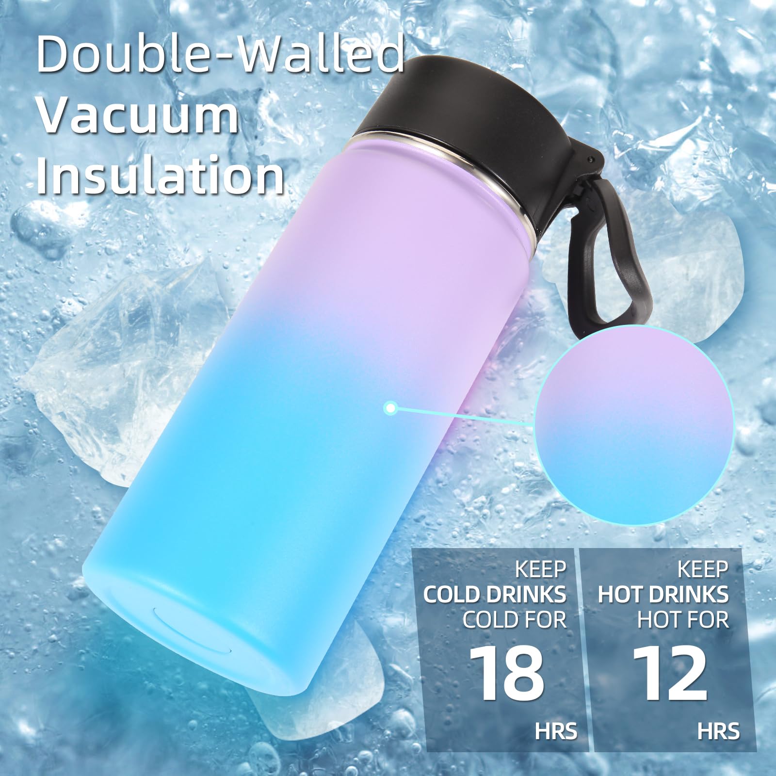 Volhoply Kids Insulated Water Bottle with Straw,16oz Stainless Steel Cold Water Bottles for School,BPA-Free Metal Wide Mouth Cups with Handle Lid,Reusable Double Wall Vacuum Sport Flask(Black,1)