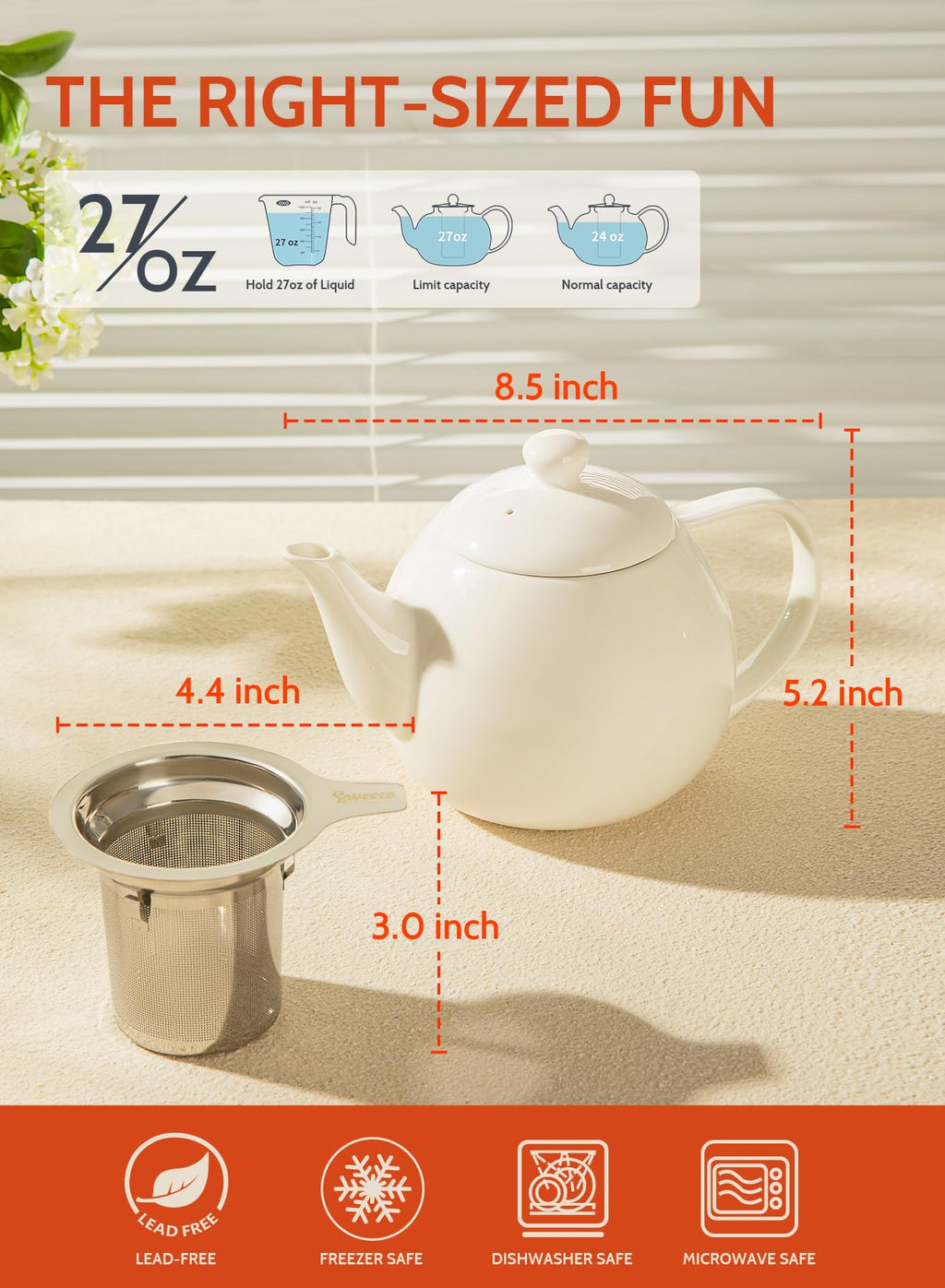 Sweese Porcelain Teapot 27 oz with Infuser for Loose Leaf Tea, Bluish Grey
