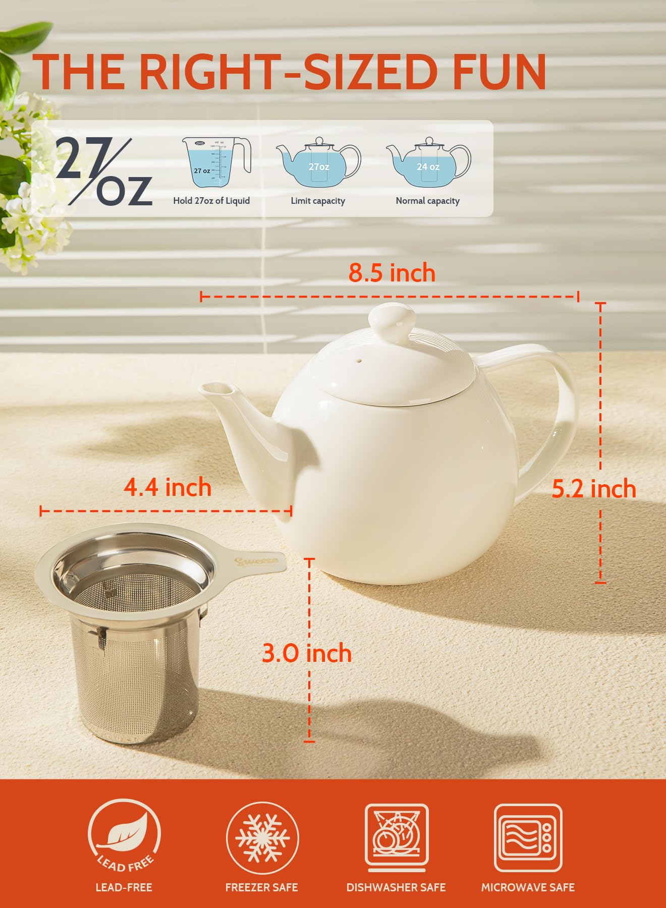Sweese Porcelain Teapot 27 oz with Infuser for Loose Leaf Tea, Bluish Grey