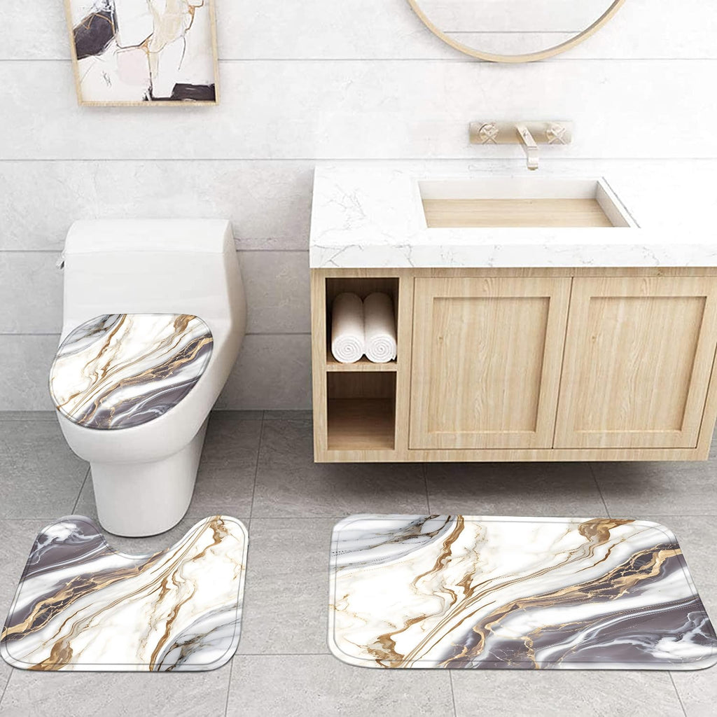 Nkzply 4 Pcs Black Marble Shower Curtain Sets with Rugs Gold Bathroom Sets with Shower Curtain and Rugs Modern Abstract Bathroom Decor Accessories Shower Curtains for Bathroom Toilet Lid Cover