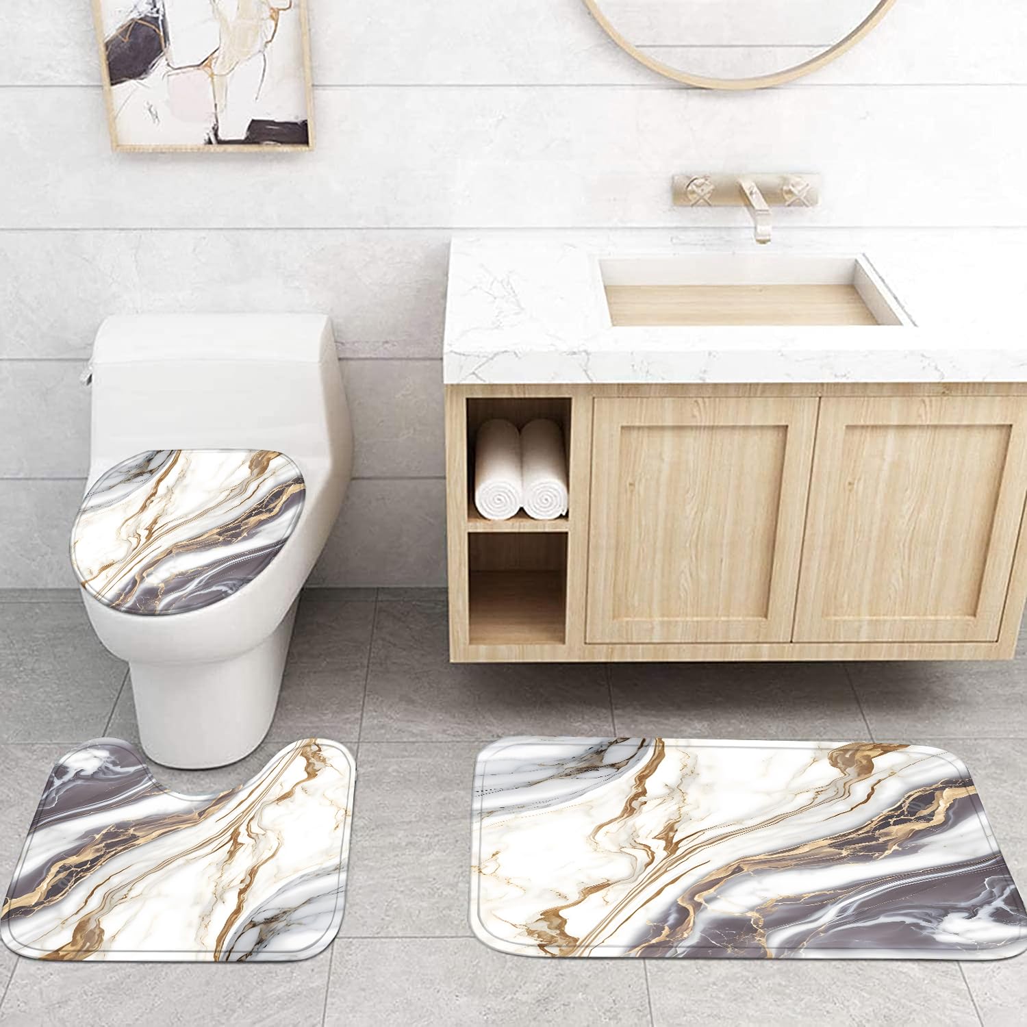 Nkzply 4 Pcs Black Marble Shower Curtain Sets with Rugs Gold Bathroom Sets with Shower Curtain and Rugs Modern Abstract Bathroom Decor Accessories Shower Curtains for Bathroom Toilet Lid Cover