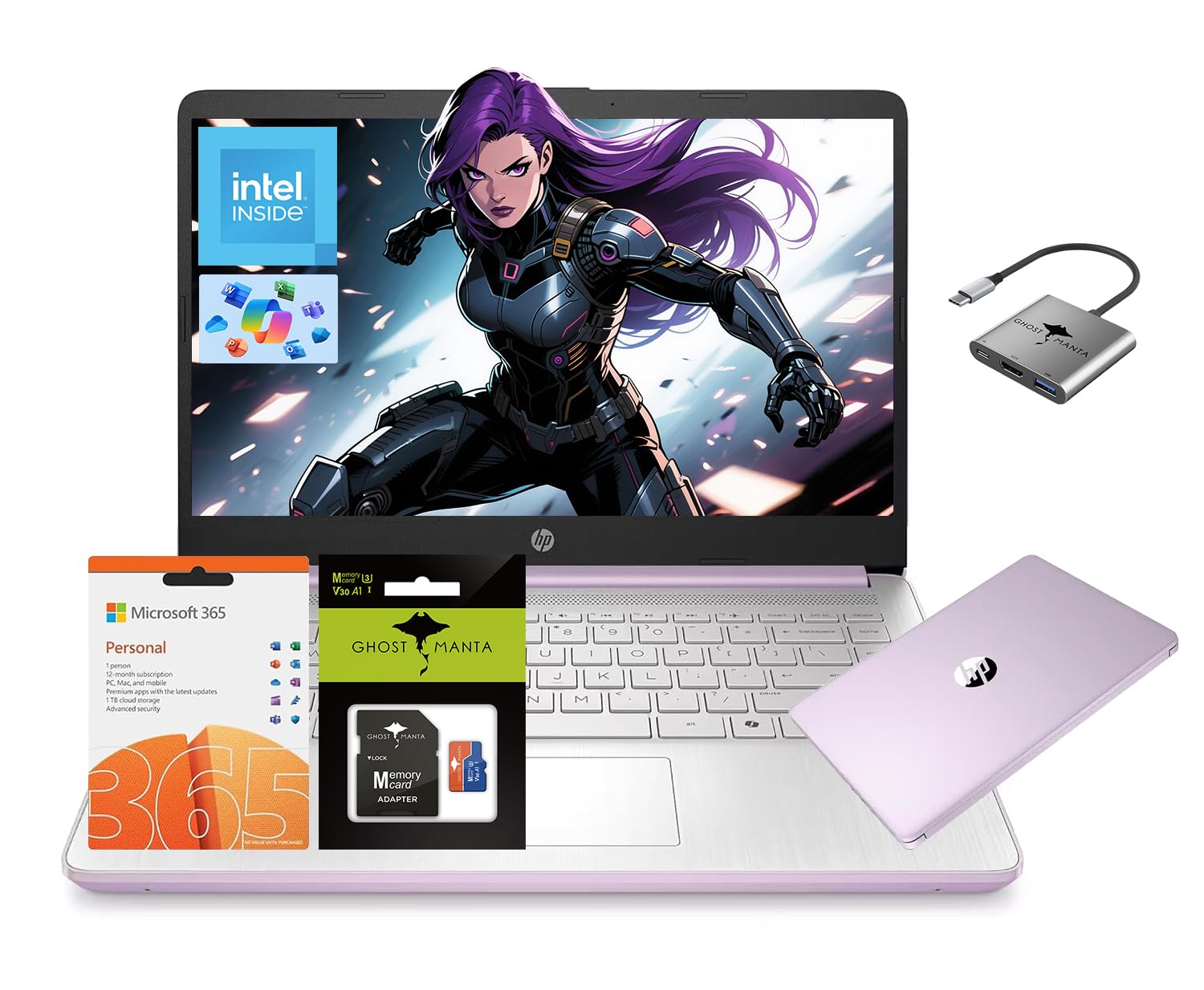 HP 14 Laptop, Quad-Core (Beat i3) 16GB RAM 256GB Storage(128GB UFS + 128GB SD Card) 1-Year Office 365 Copilot AI Computer for Student Study Back to School Win11 w/GM Accessory