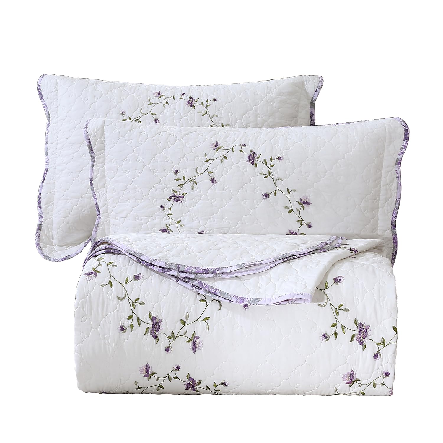 vctops 3-Piece Floral Embroidered Bedspread Coverlet Set Twin Size 100% Cotton Reversible Patchwork 1 Quilt and 2 Pillow Shams (Flower,Twin)