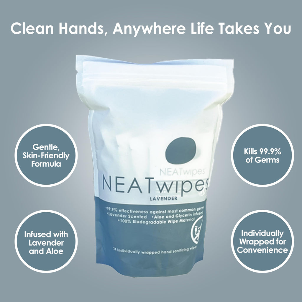NEATwipes Hand Sanitizing Wipes | Travel Size | Disposable Wet Wipe & Biodegradable | Fresh Citrus Essential Oil | Soothing Aloe Vera | 24 Individually Wrapped Wipes