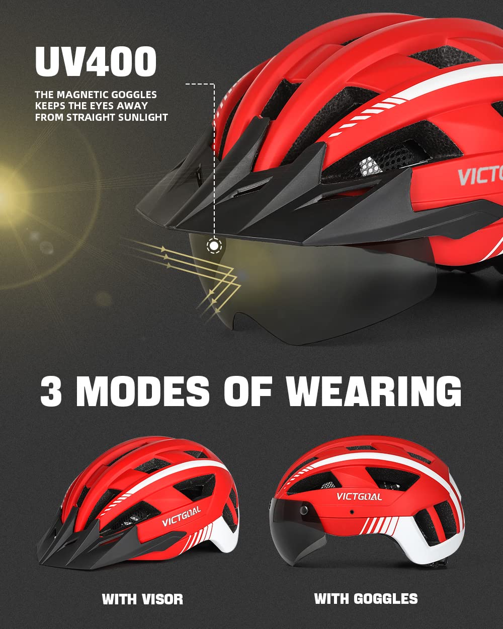 VICTGOAL Bike Helmet with USB Rechargeable Rear Light Detachable Magnetic Goggles Removable Sun Visor Mountain & Road Bicycle Helmets for Men Women Adult Cycling Helmets