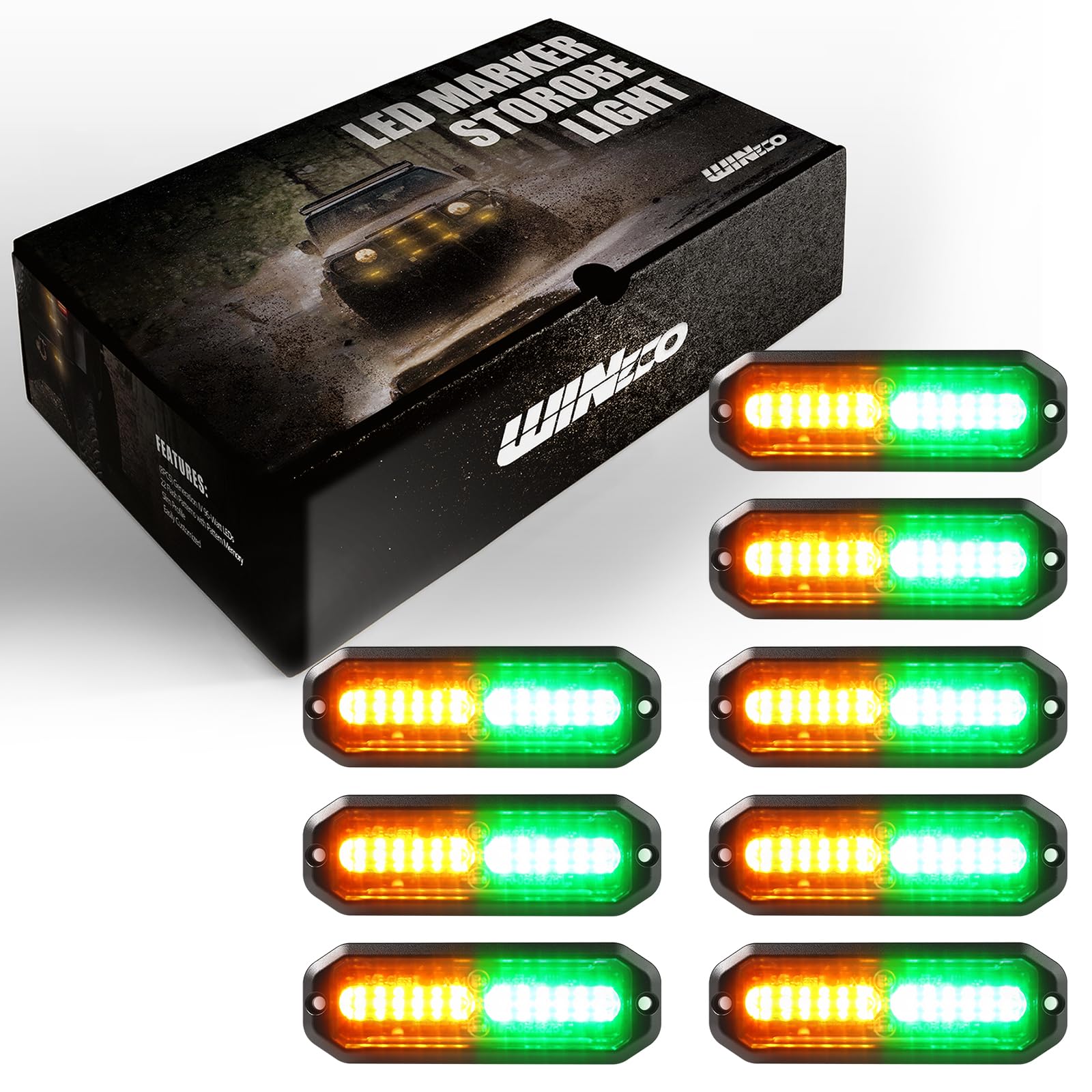 WINECO Amber led strobe lights for trucks 8pcs 12-LED Surface Mount Flashing Strobe Lights kit for Trucks Car Vehicles LED Mini Grille Grill Strobe Light Head Emergency Hazard Warning lights