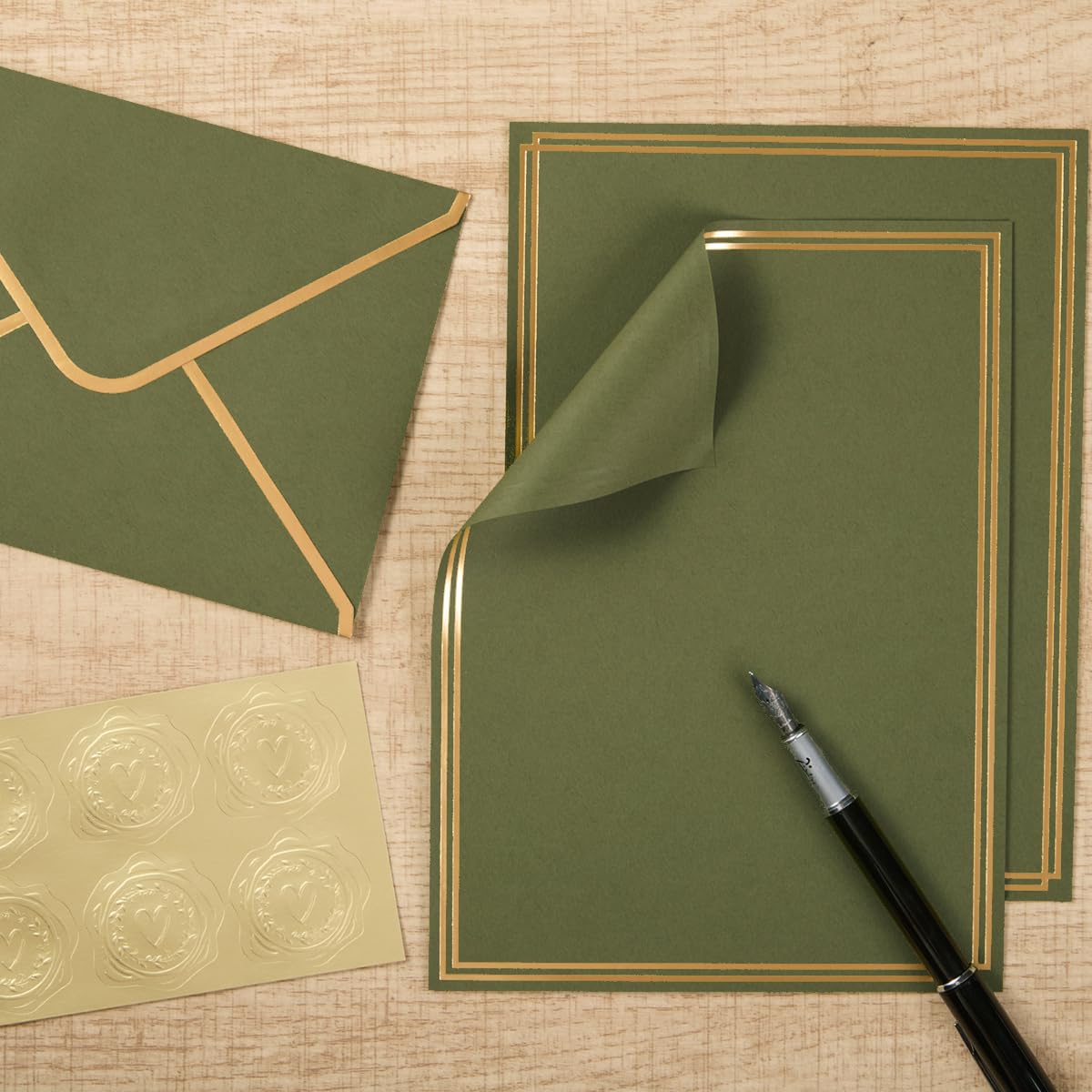 50 Pack Stationery Set with Envelopes, Cream Color, 8.5x11 Inches | Gold Border, #10 Business Envelopes and 8.5x11 Paper Sheets, Stickers for Letter Writing, Invitations